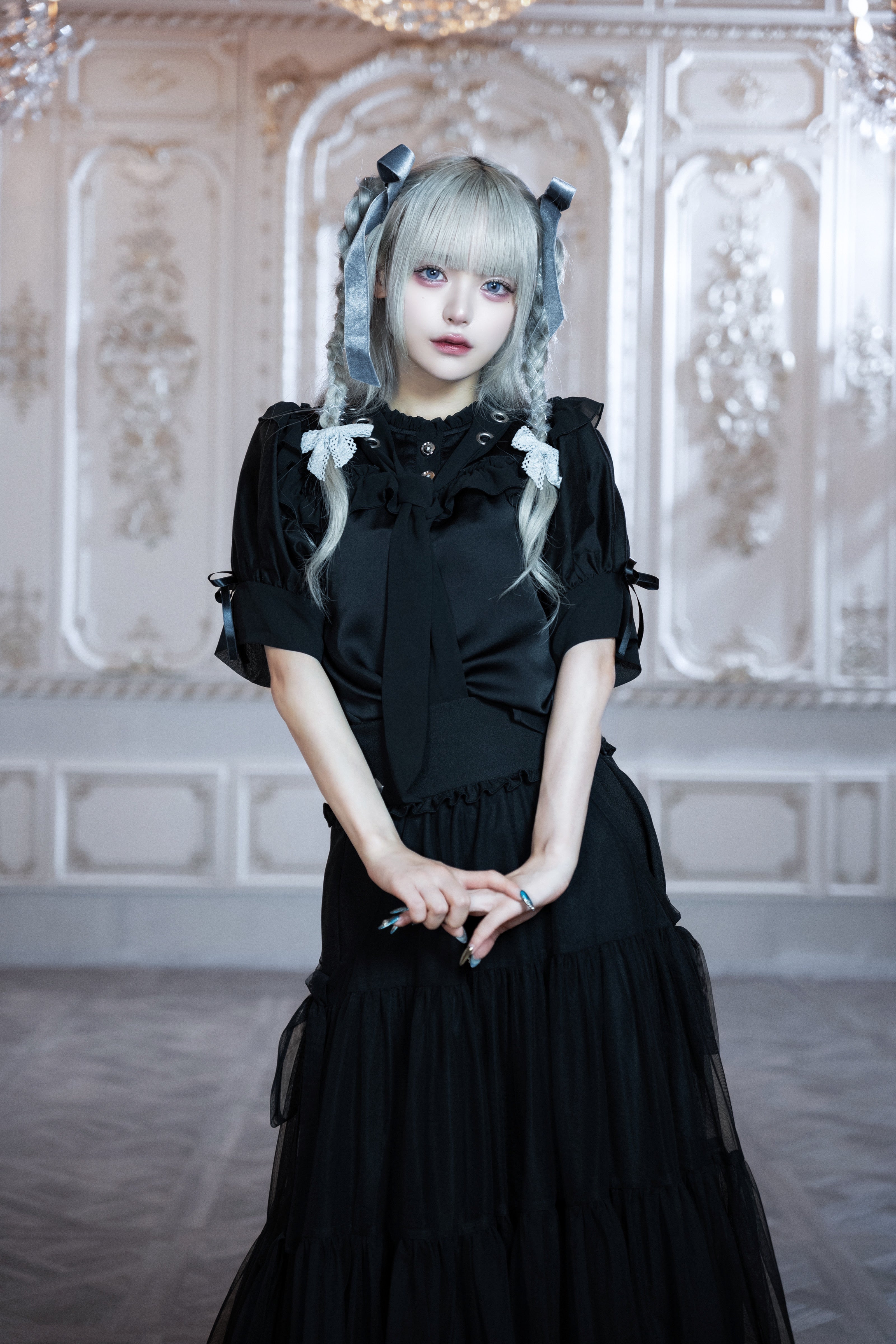 dd sheer frill ribbon blouse black