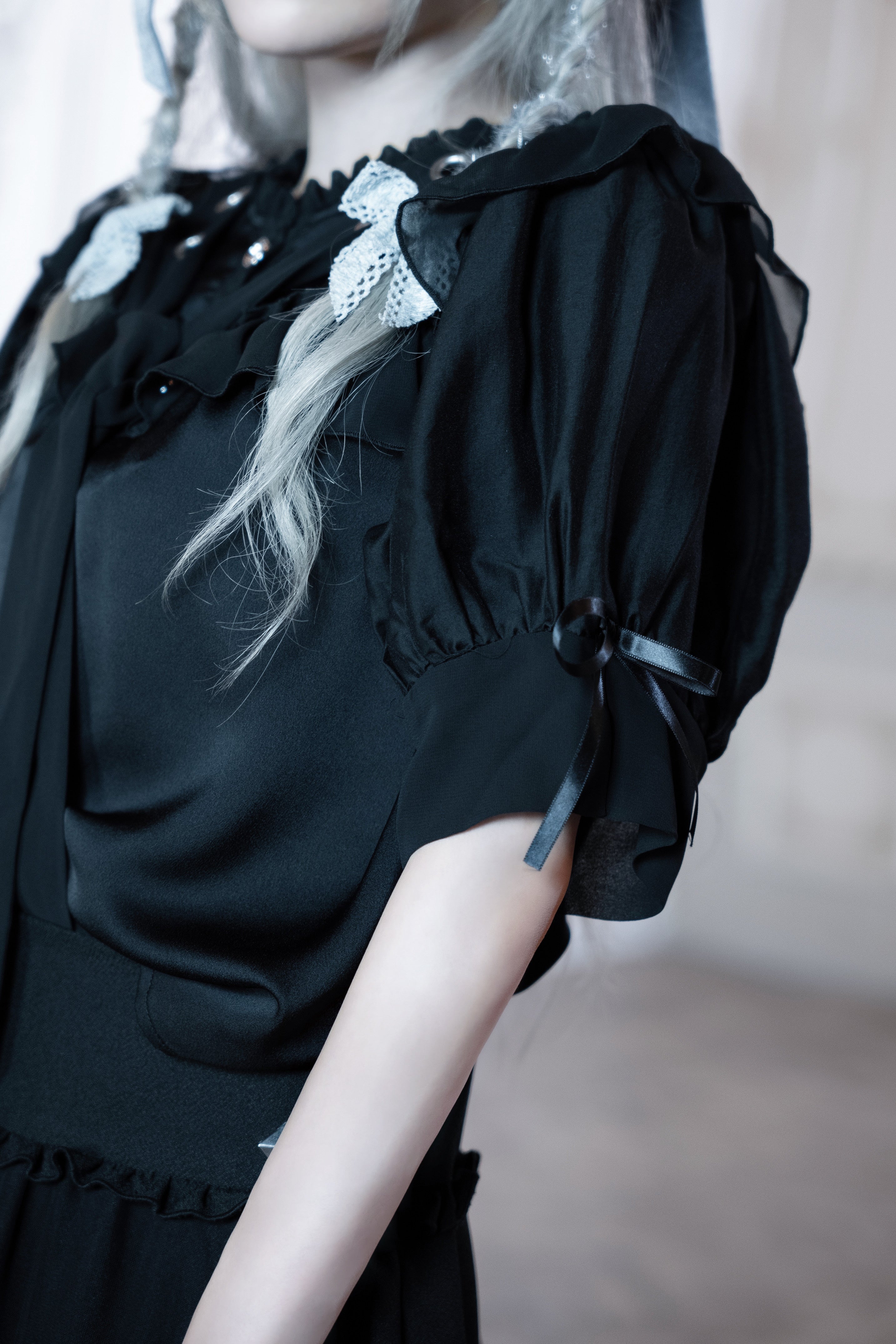 dd sheer frill ribbon blouse black