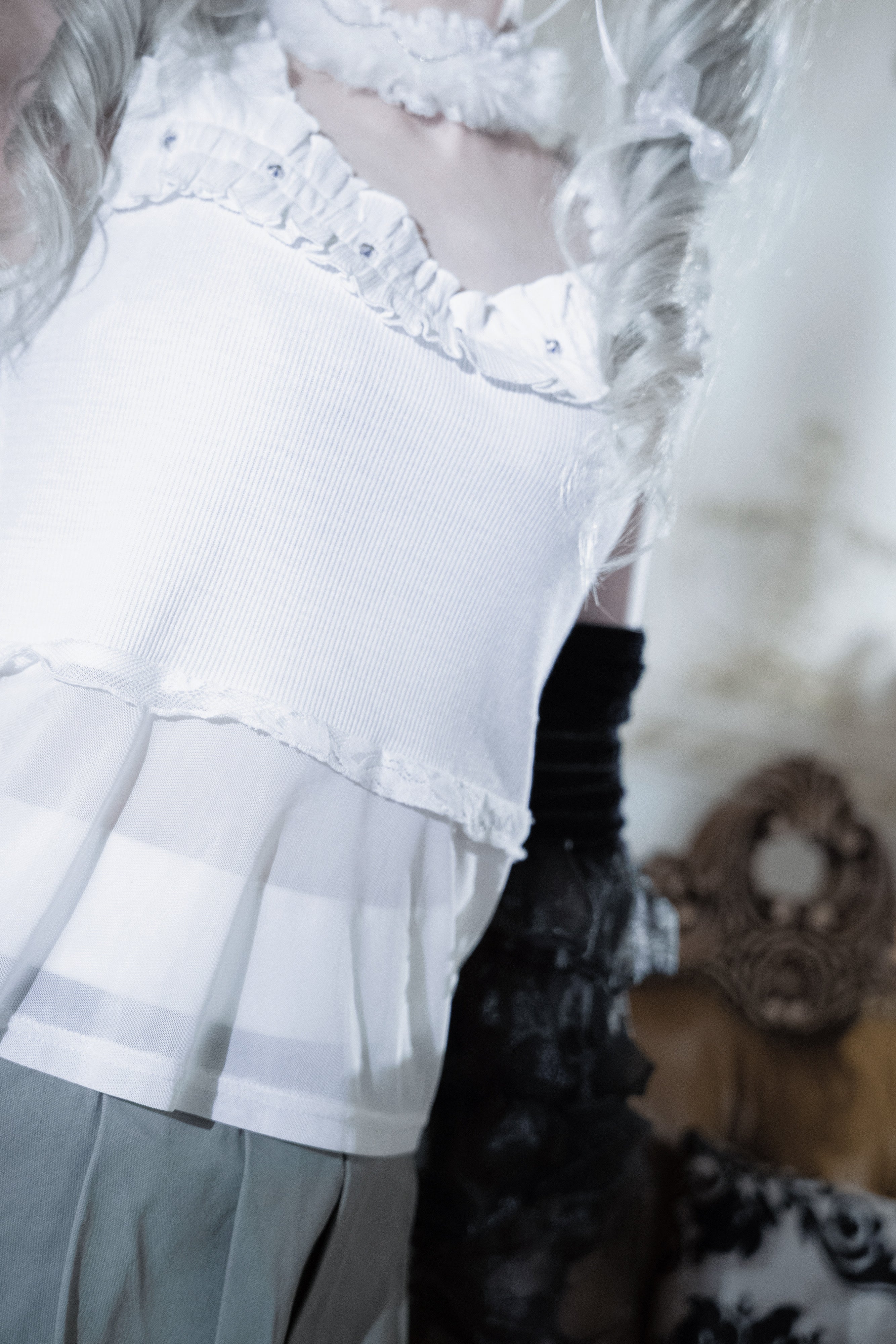 frill sheer camisole white