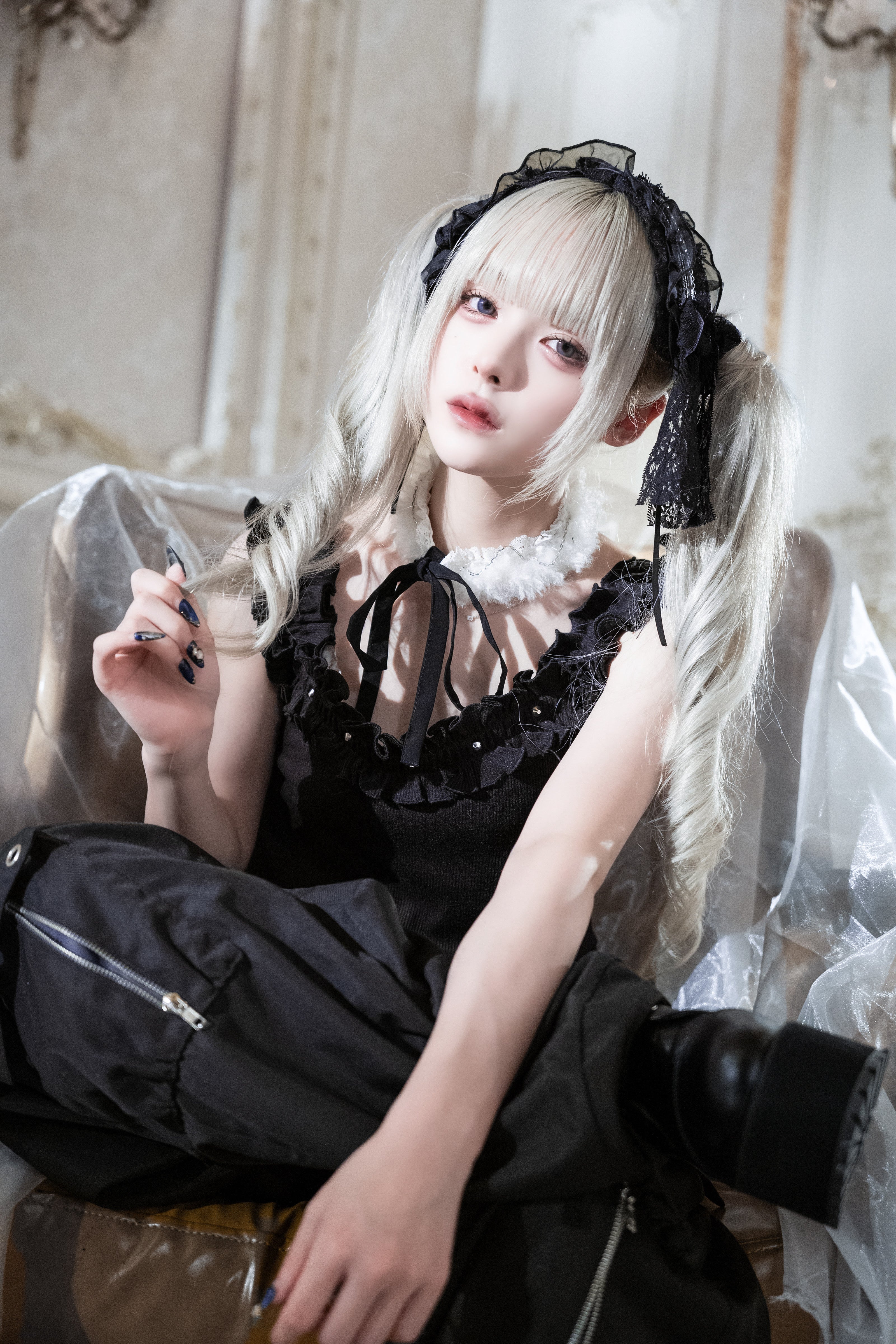 frill sheer camisole black