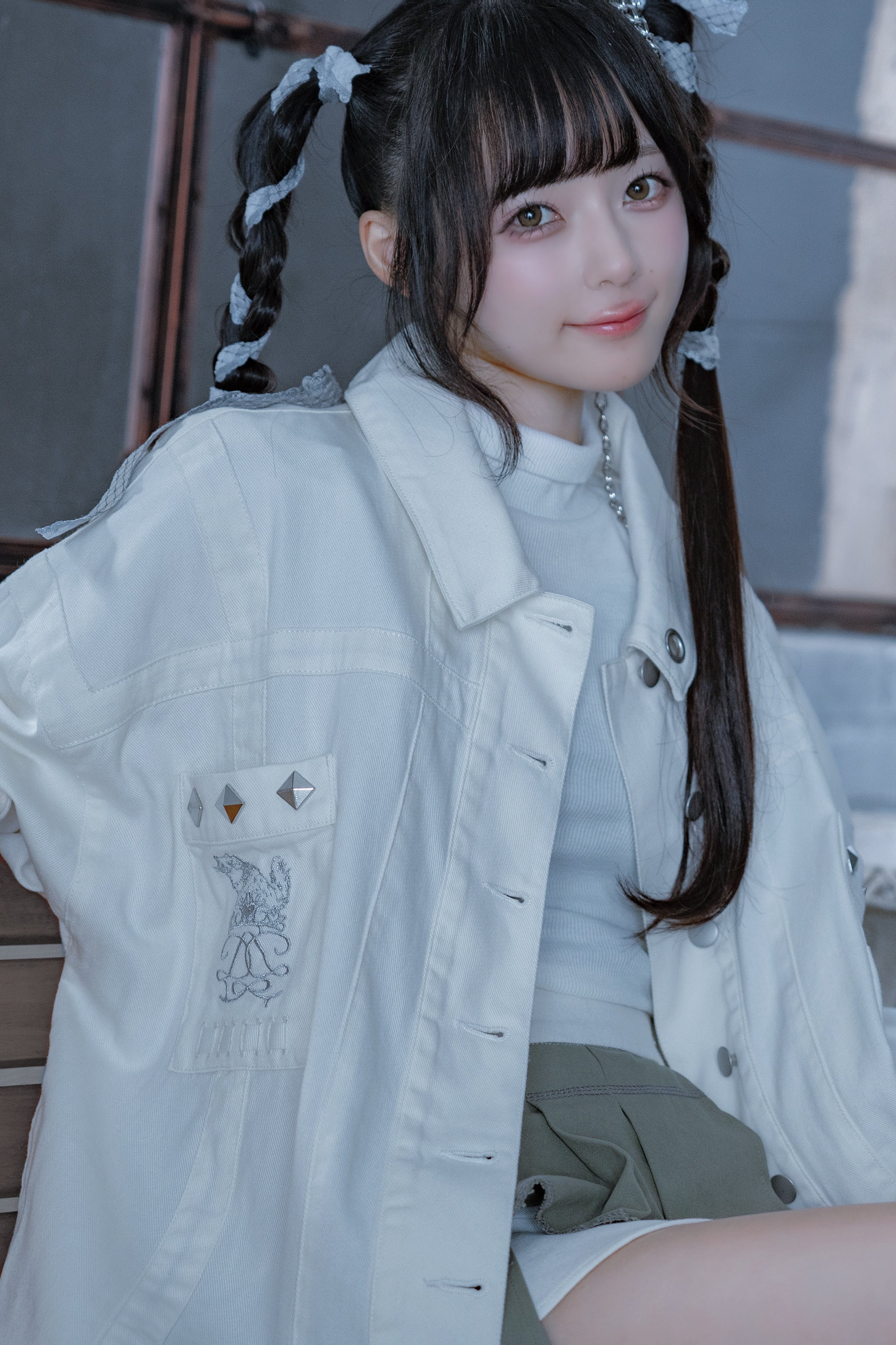 dd denim ribbon jacket white