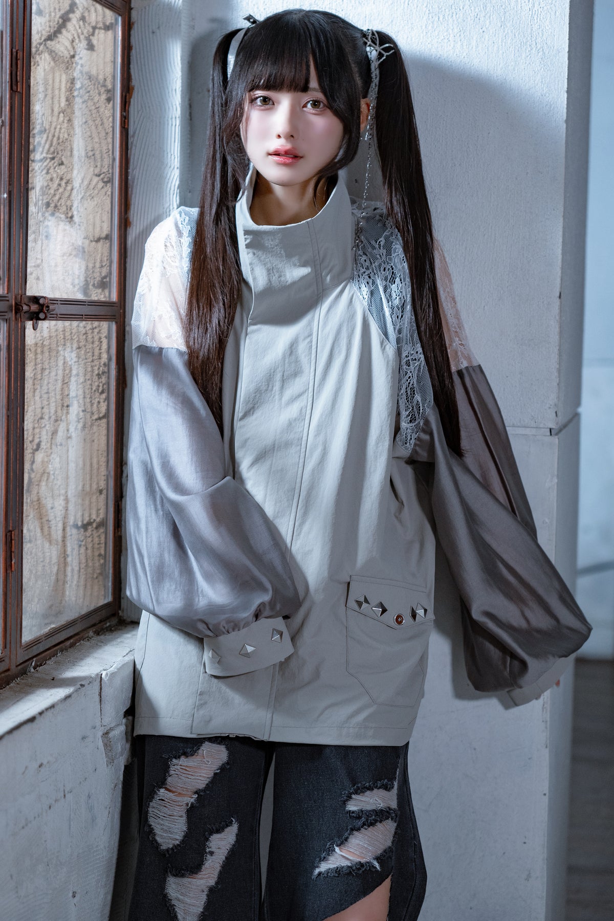 dd sheer lace blouson light gray