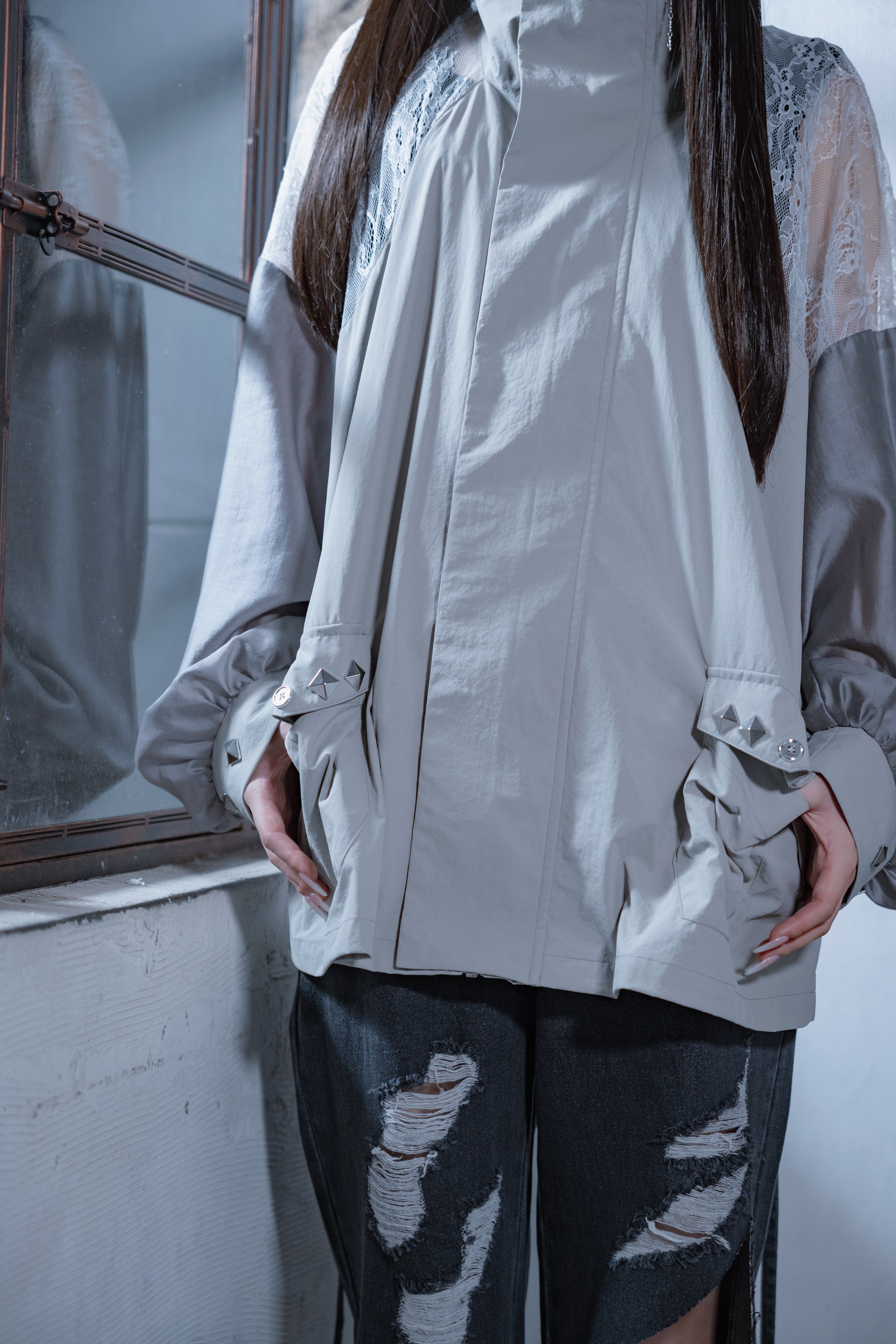 dd sheer lace blouson light gray