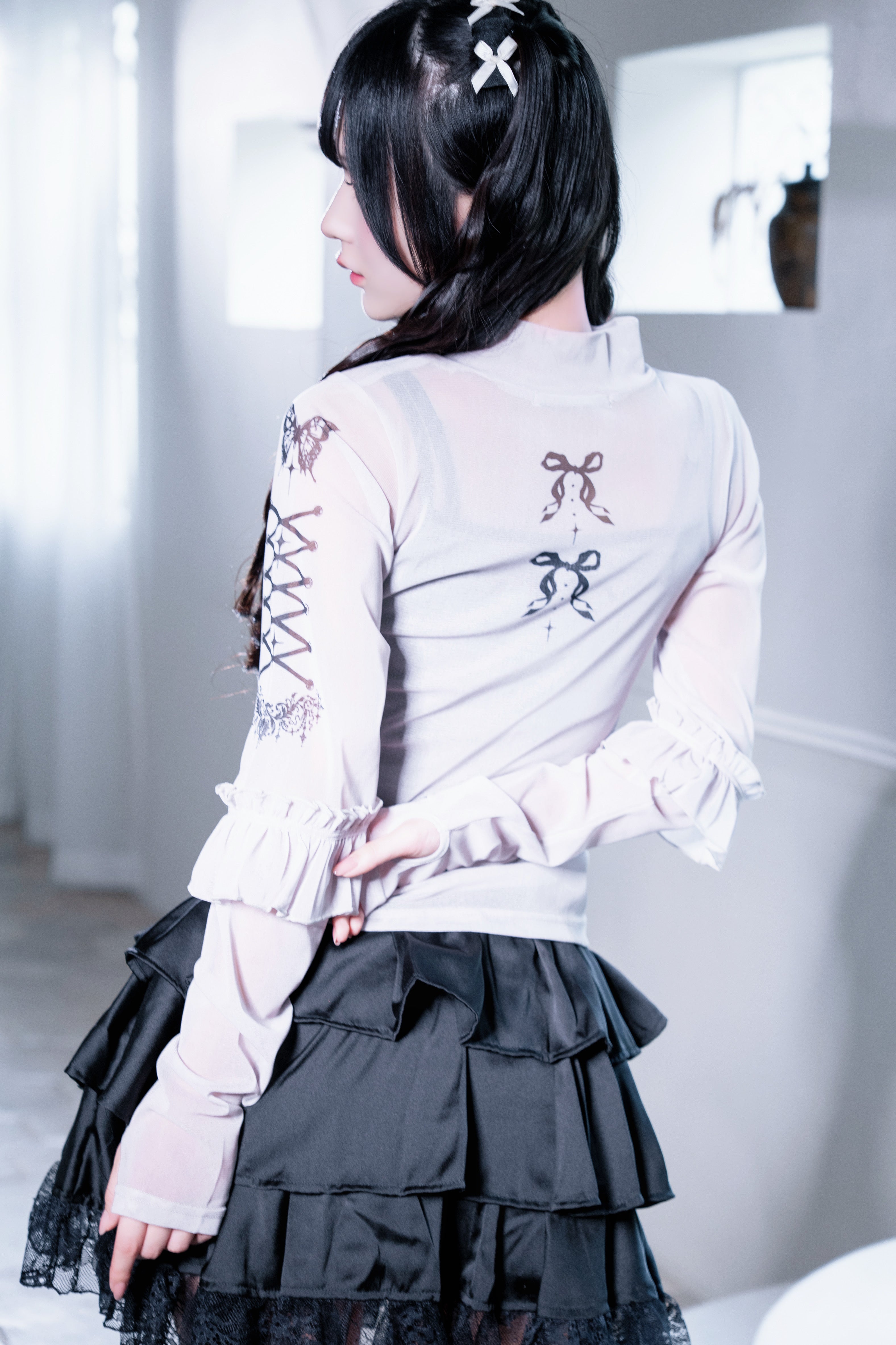 frill tattoo sheer tops gray