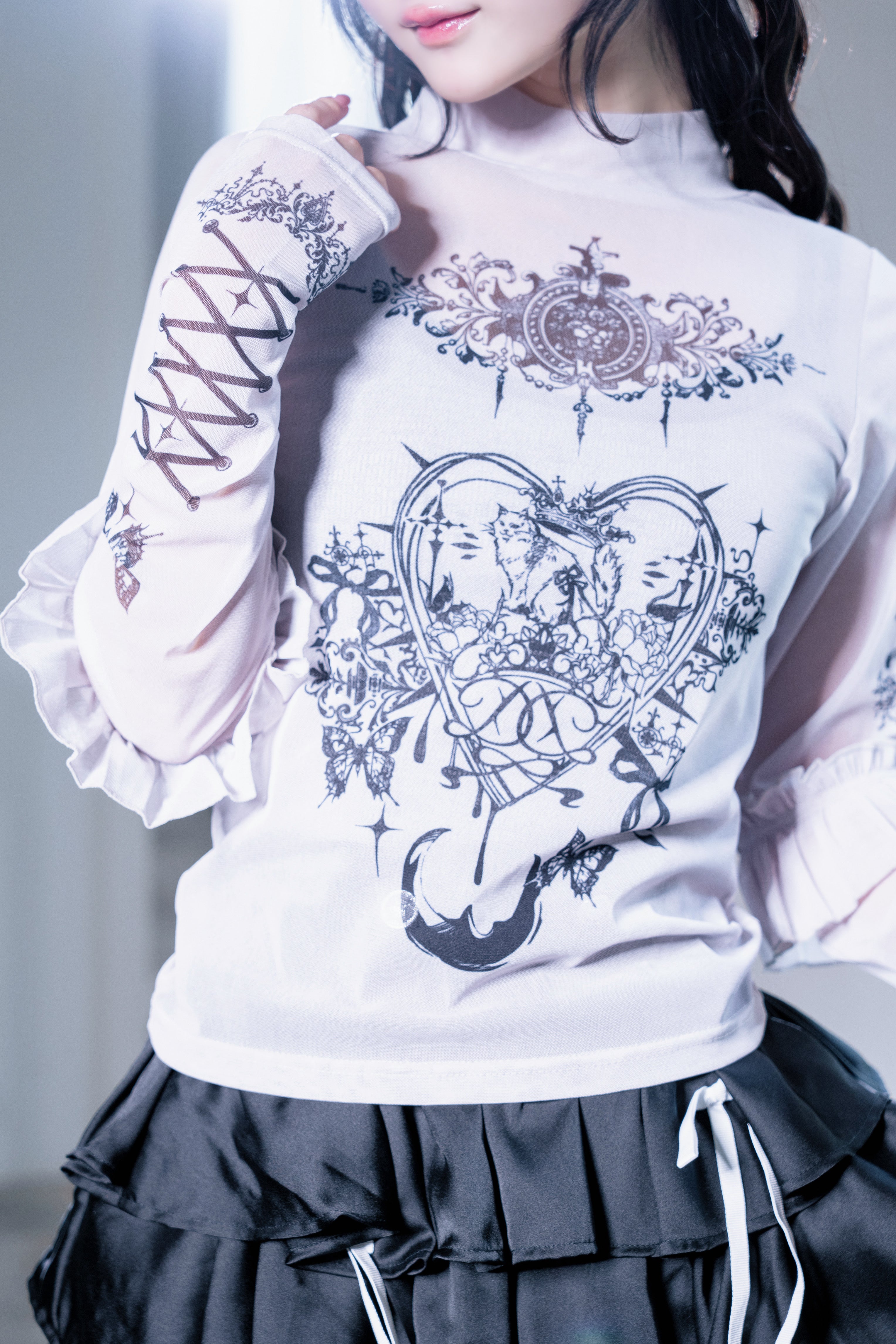 frill tattoo sheer tops gray