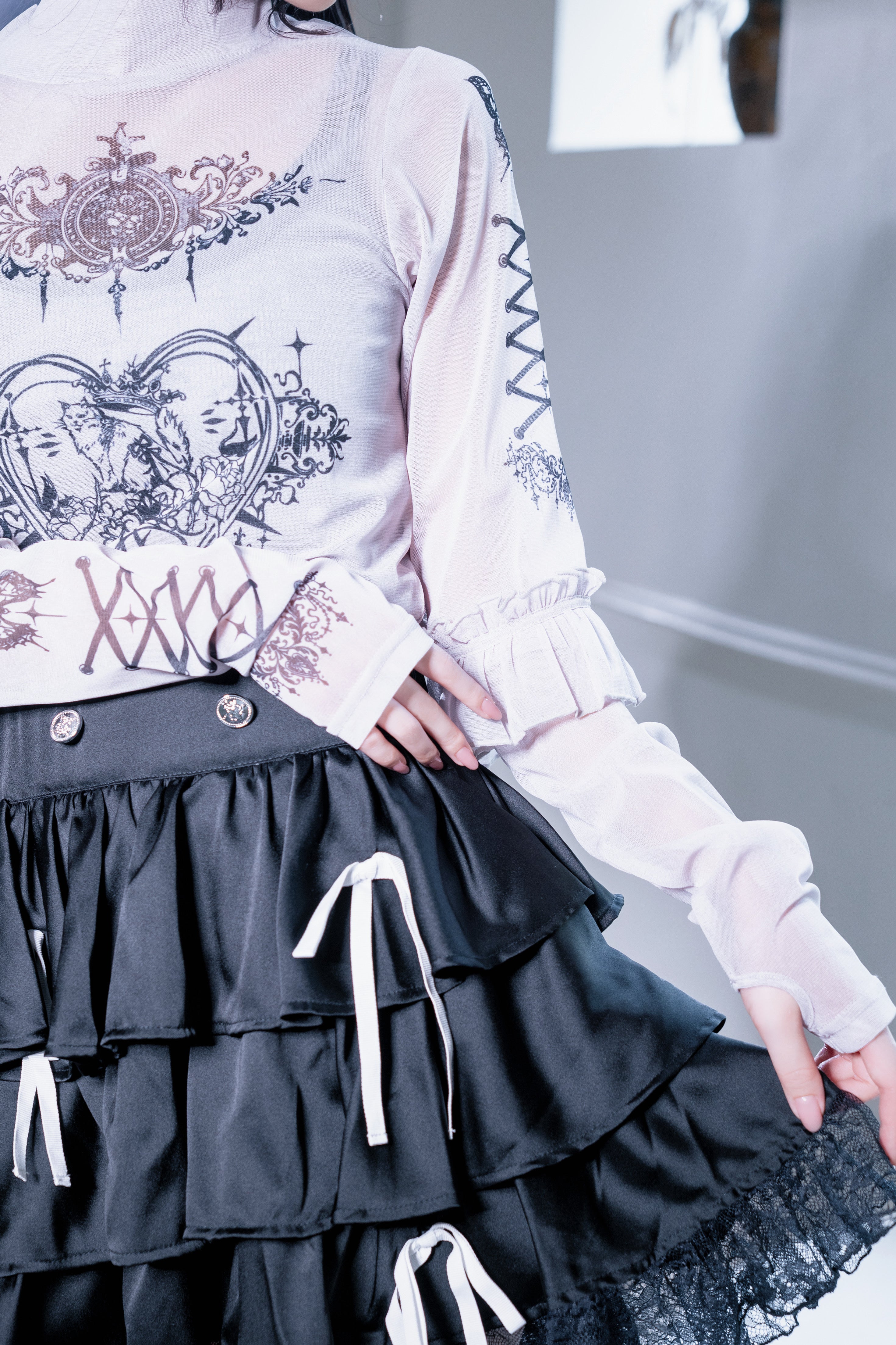frill tattoo sheer tops gray