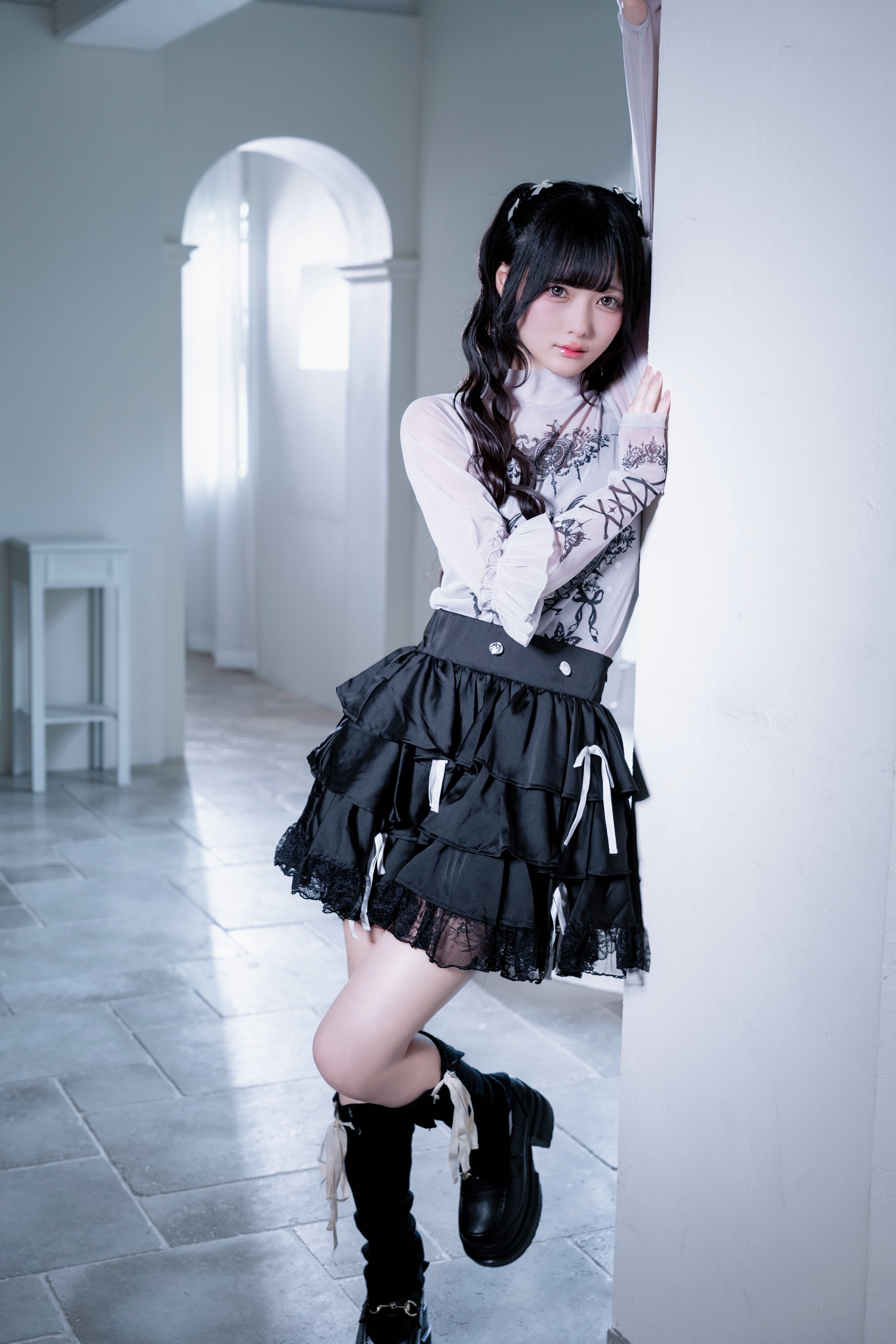 frill tattoo sheer tops gray