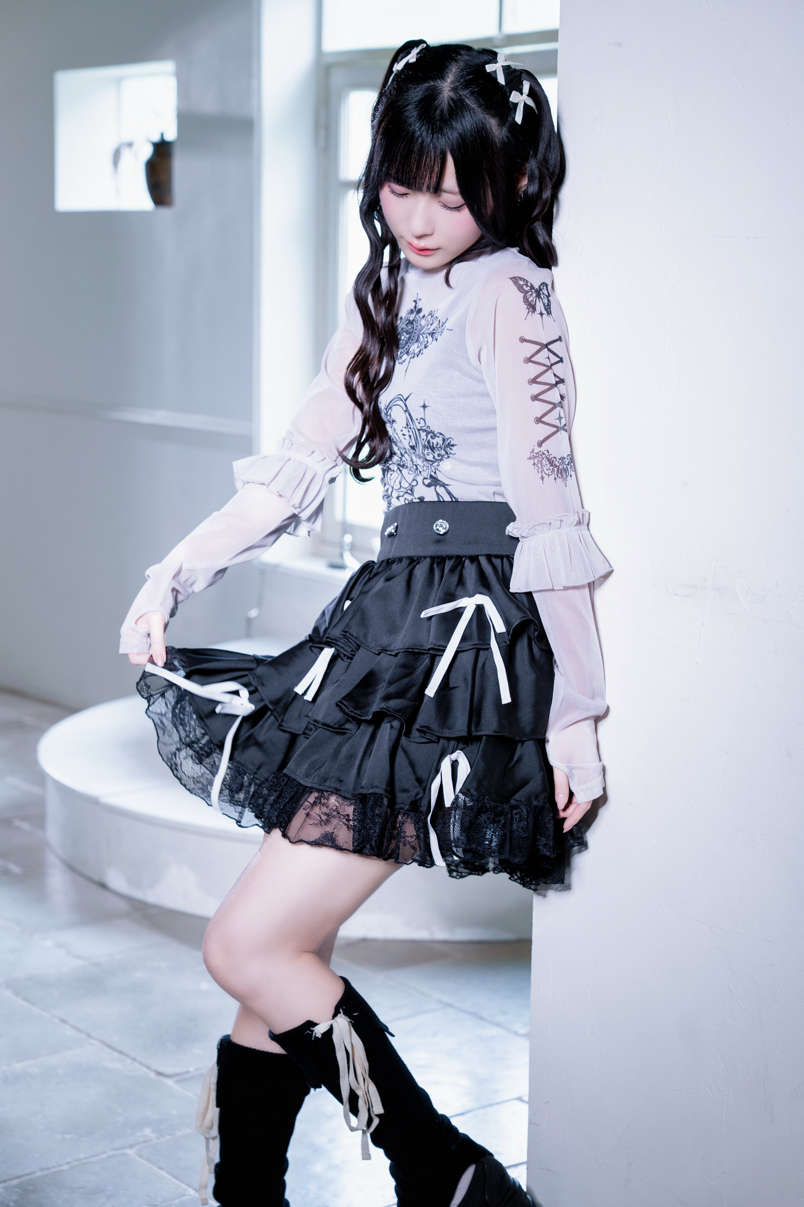 frill tattoo sheer tops gray