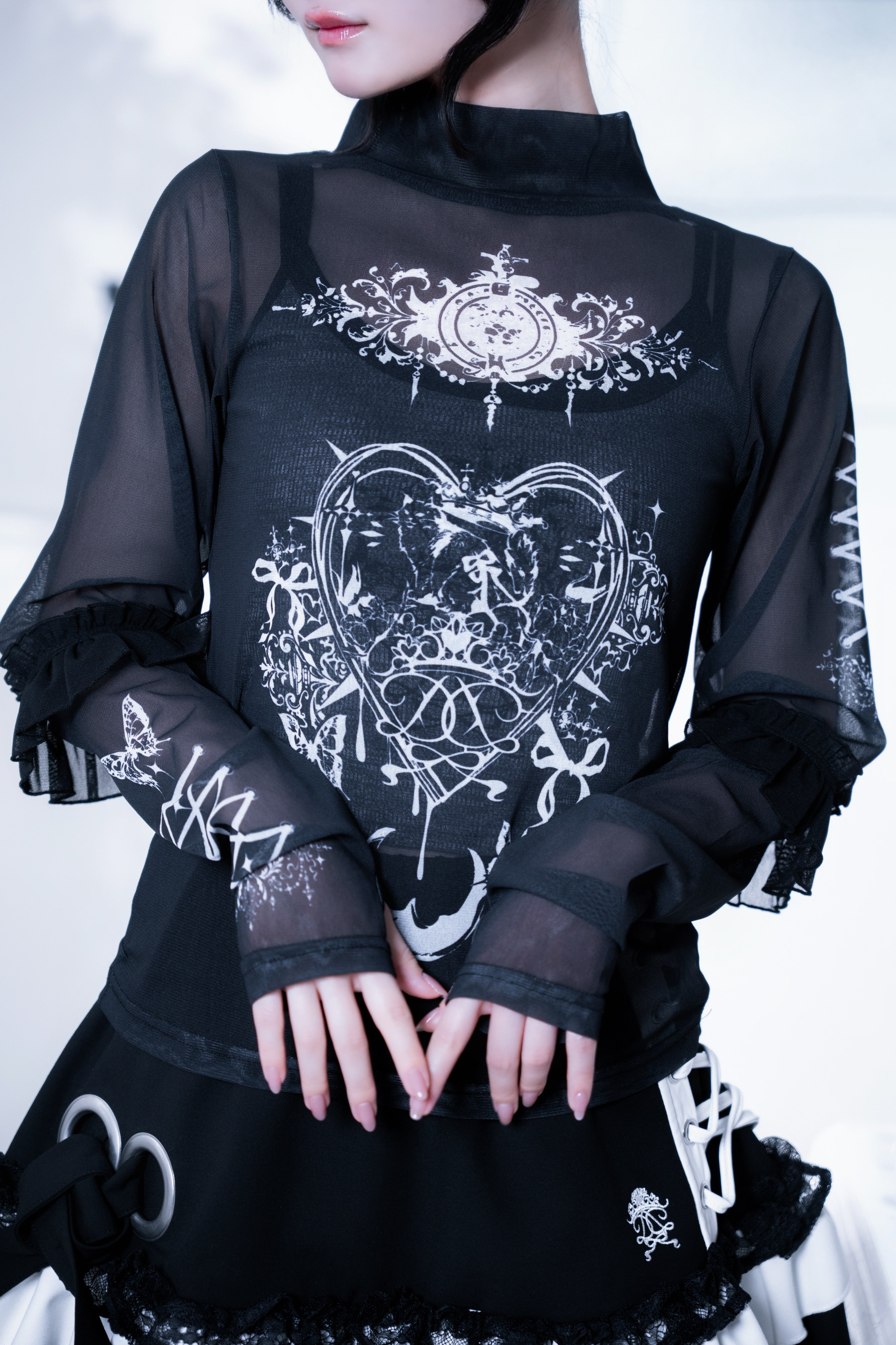 frill tattoo sheer tops black