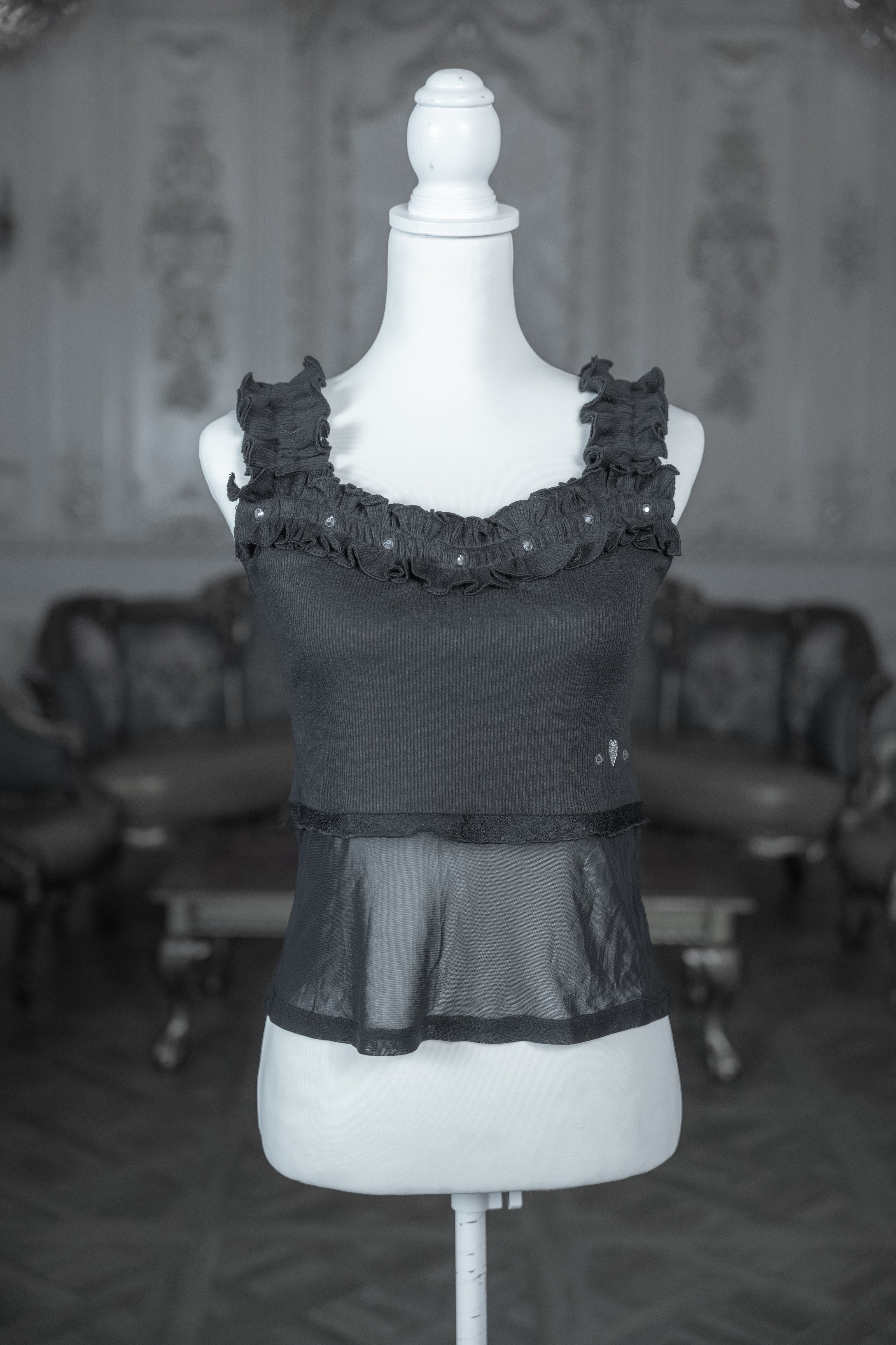 frill sheer camisole black