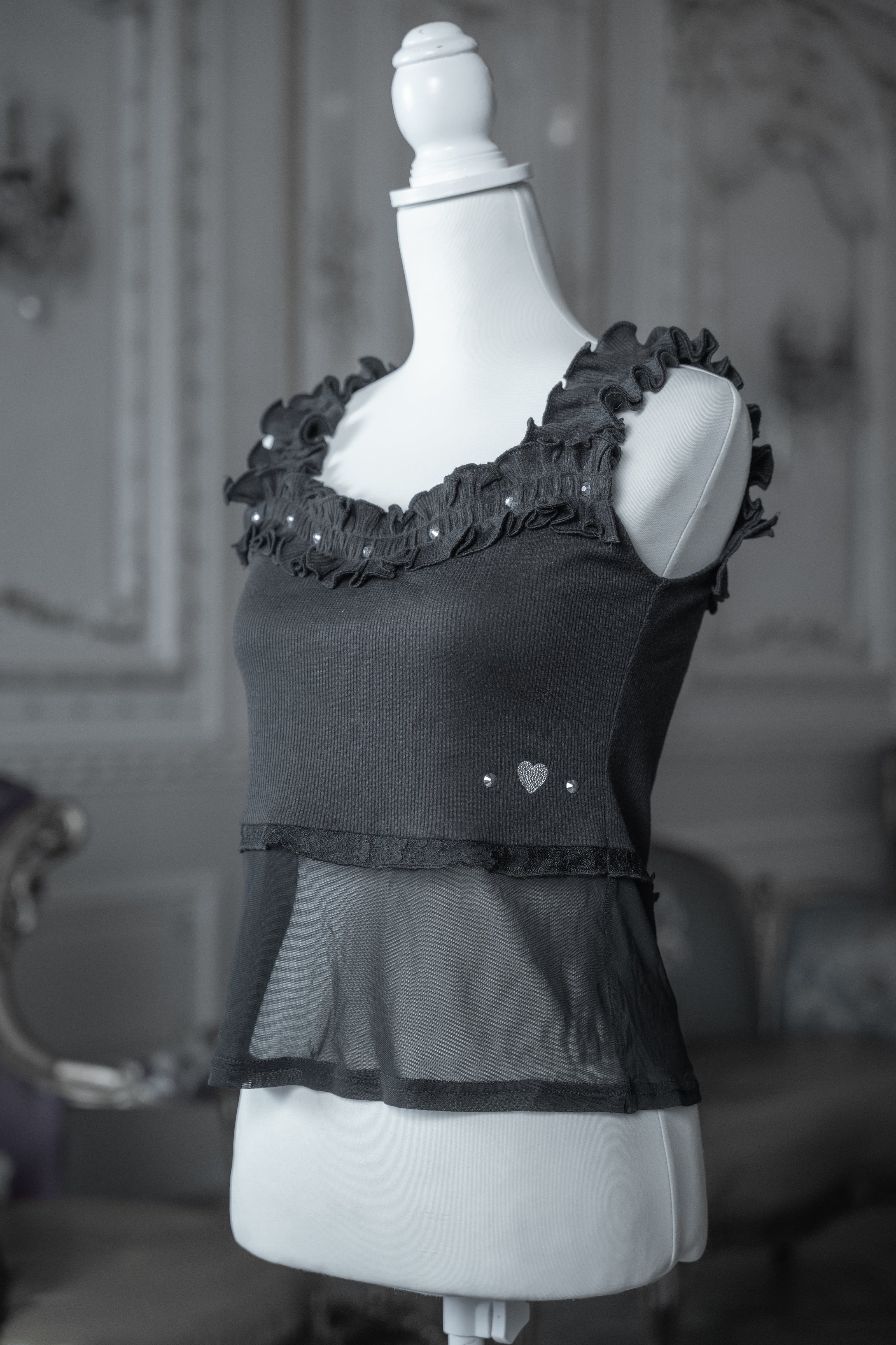 frill sheer camisole black