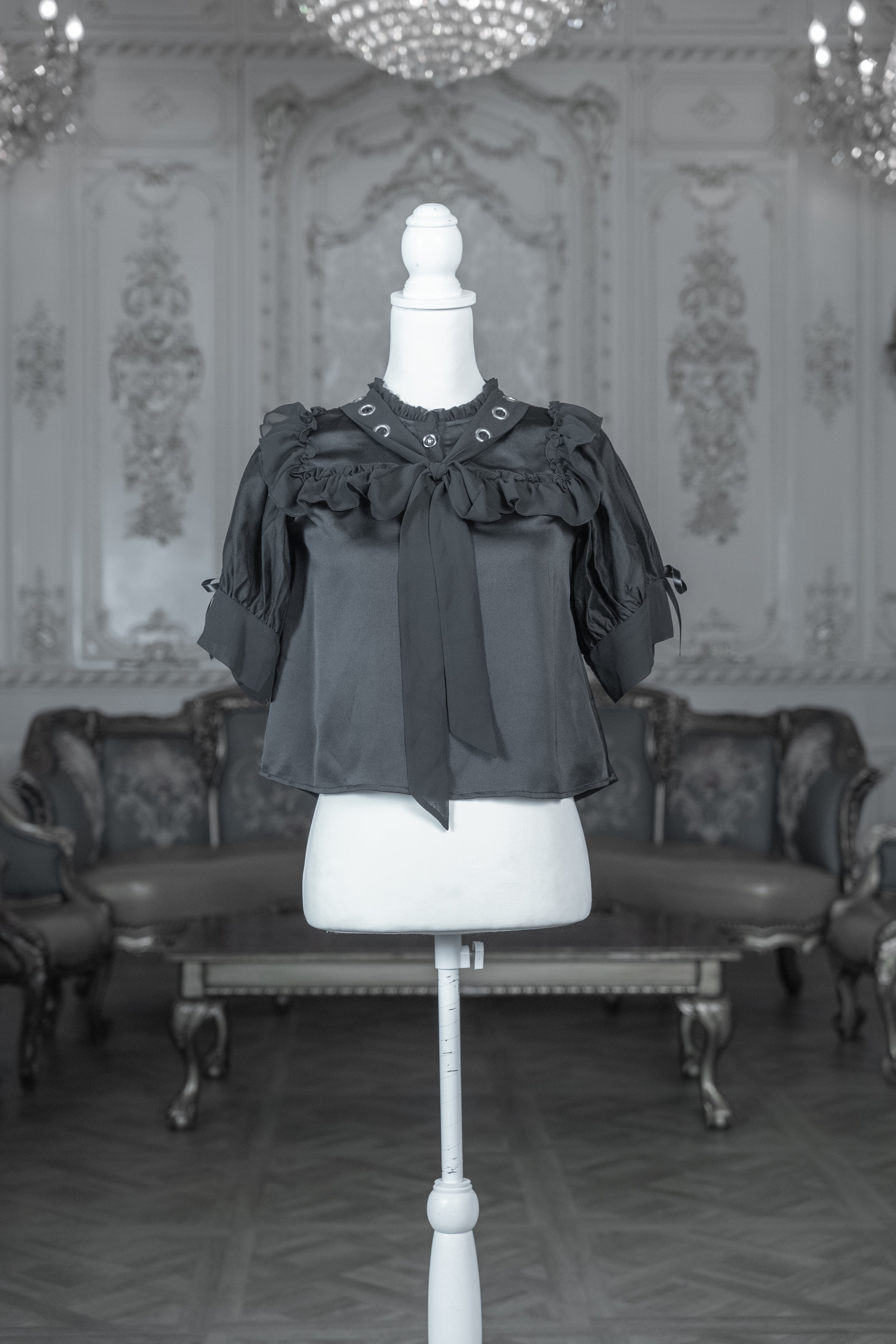 dd sheer frill ribbon blouse black