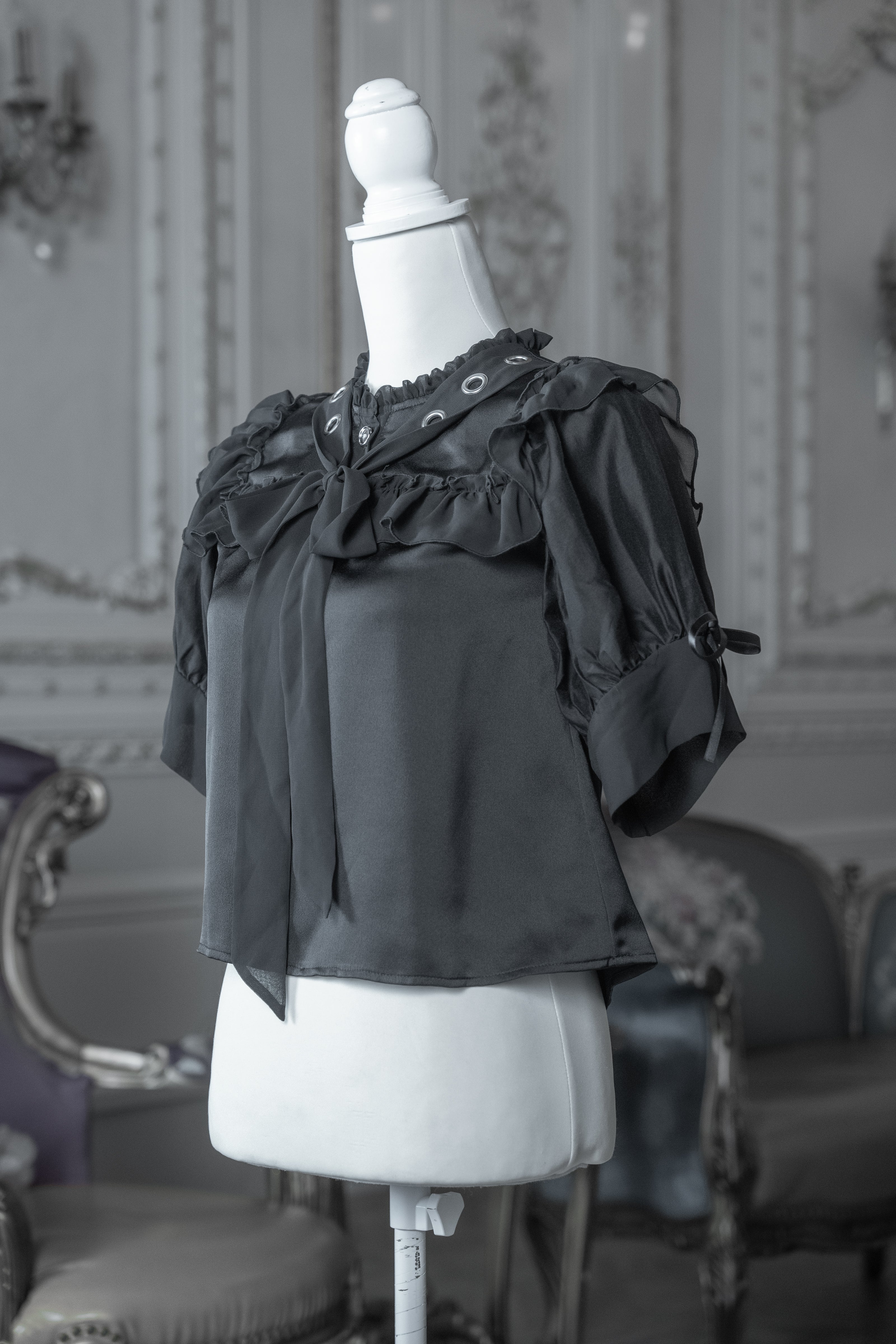 dd sheer frill ribbon blouse black