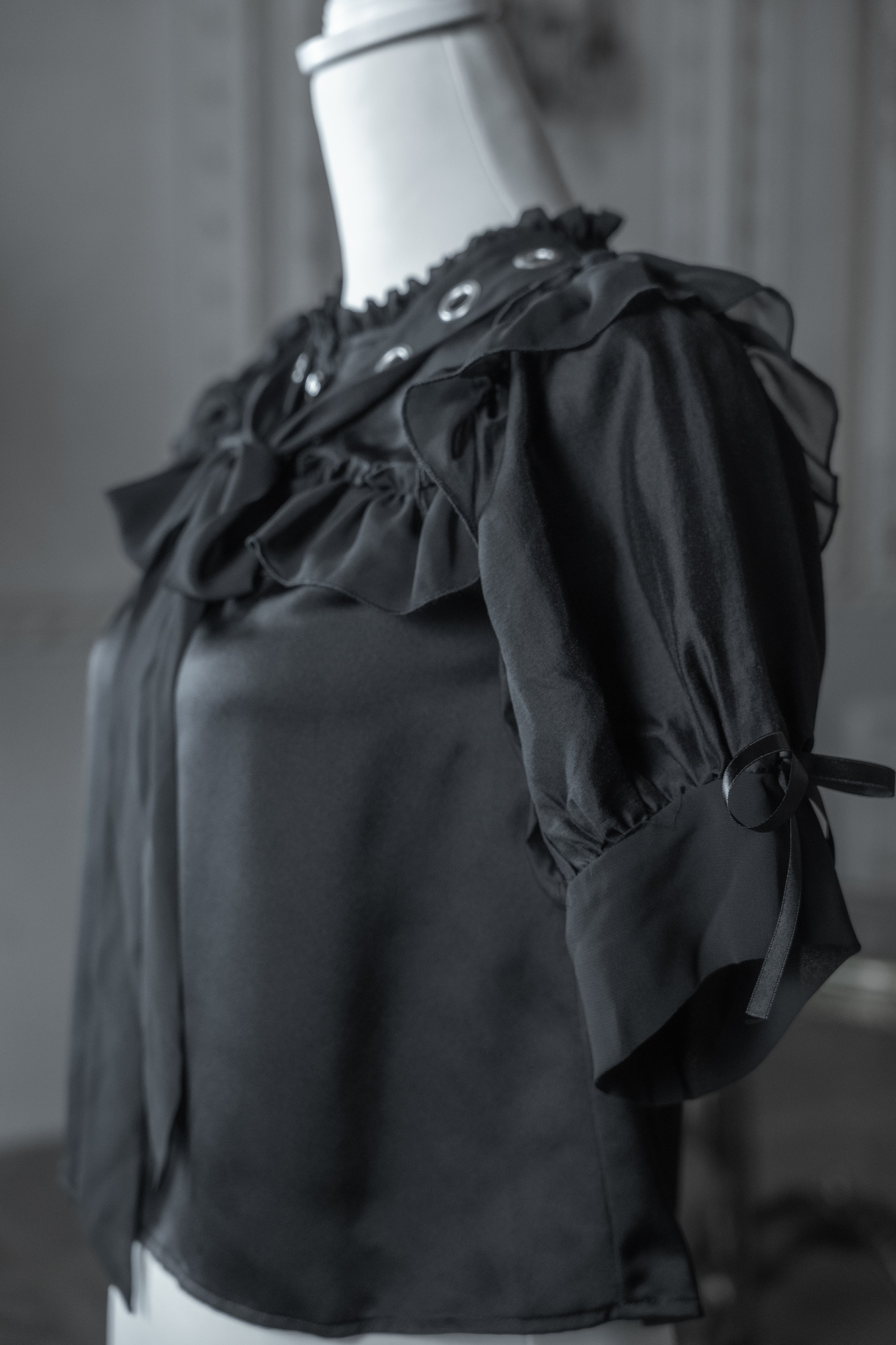 dd sheer frill ribbon blouse black