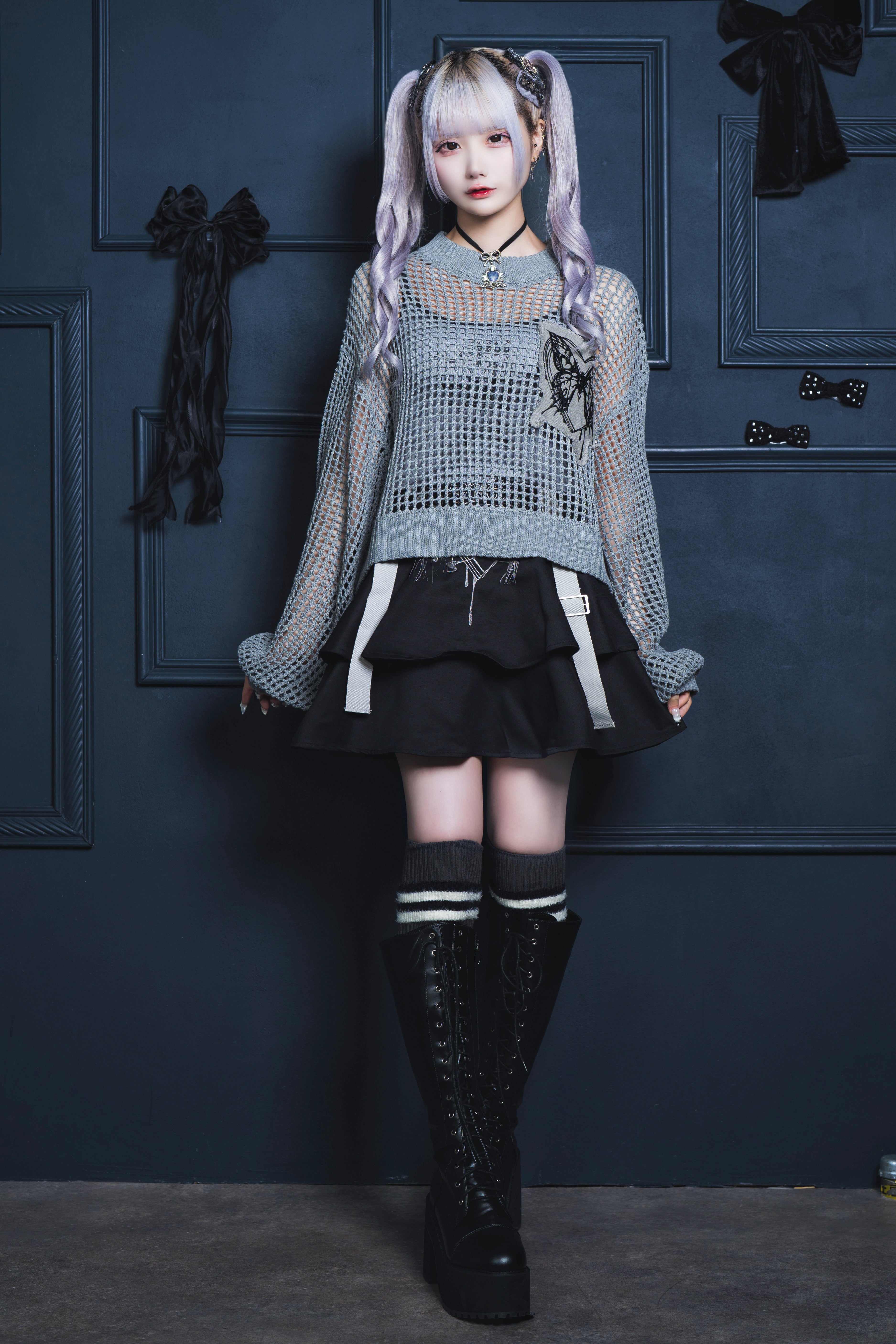 butterfly doll mesh short tops gray