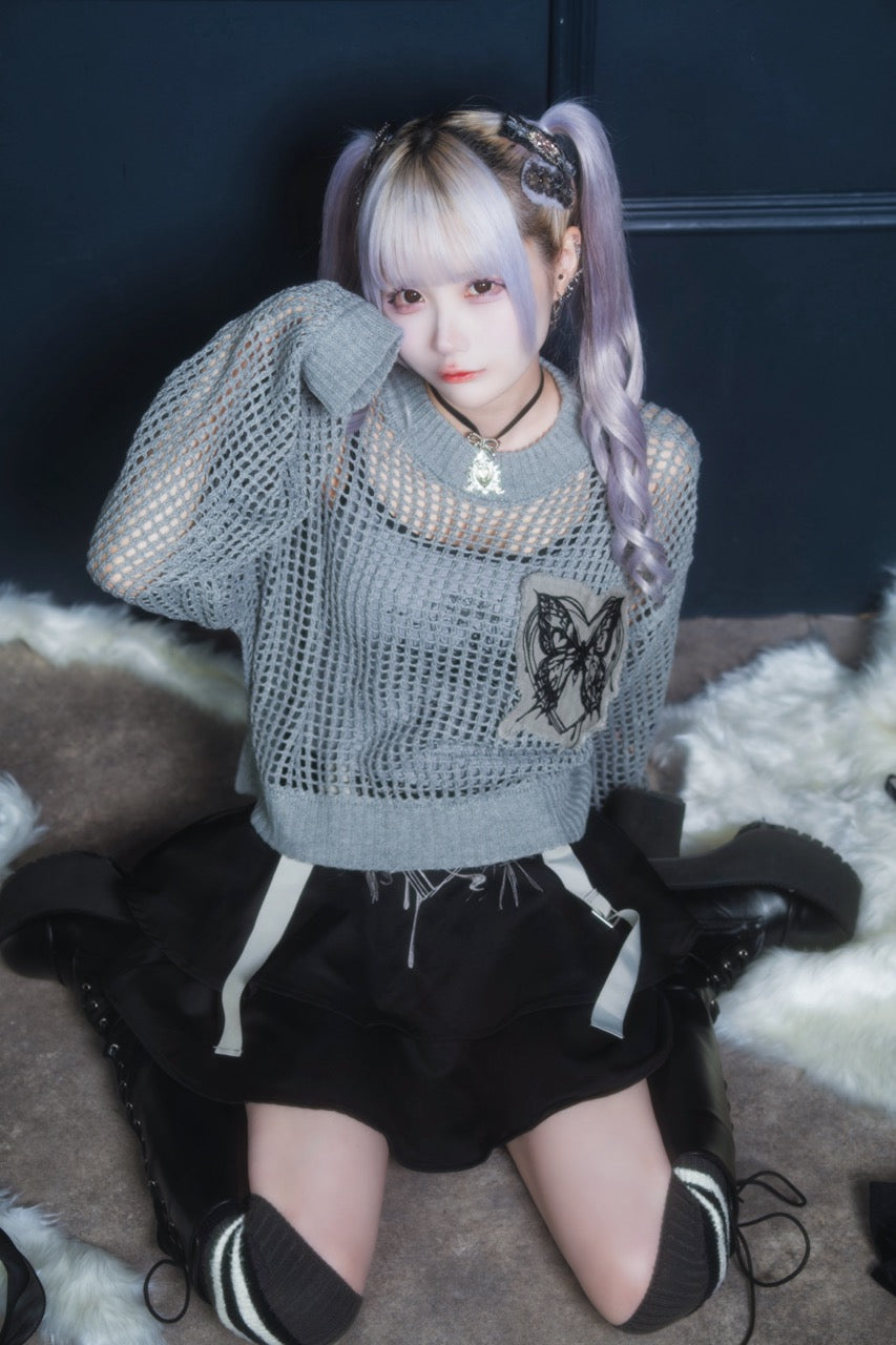 butterfly doll mesh short tops gray