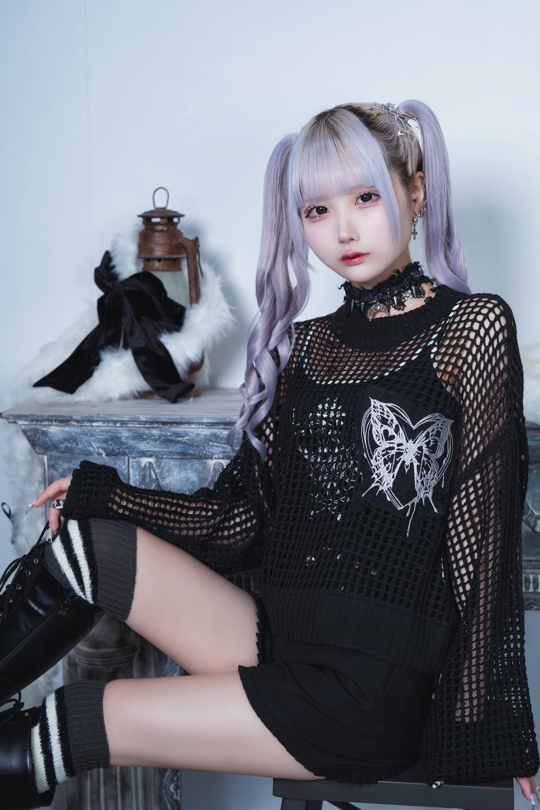 butterfly doll mesh short tops black