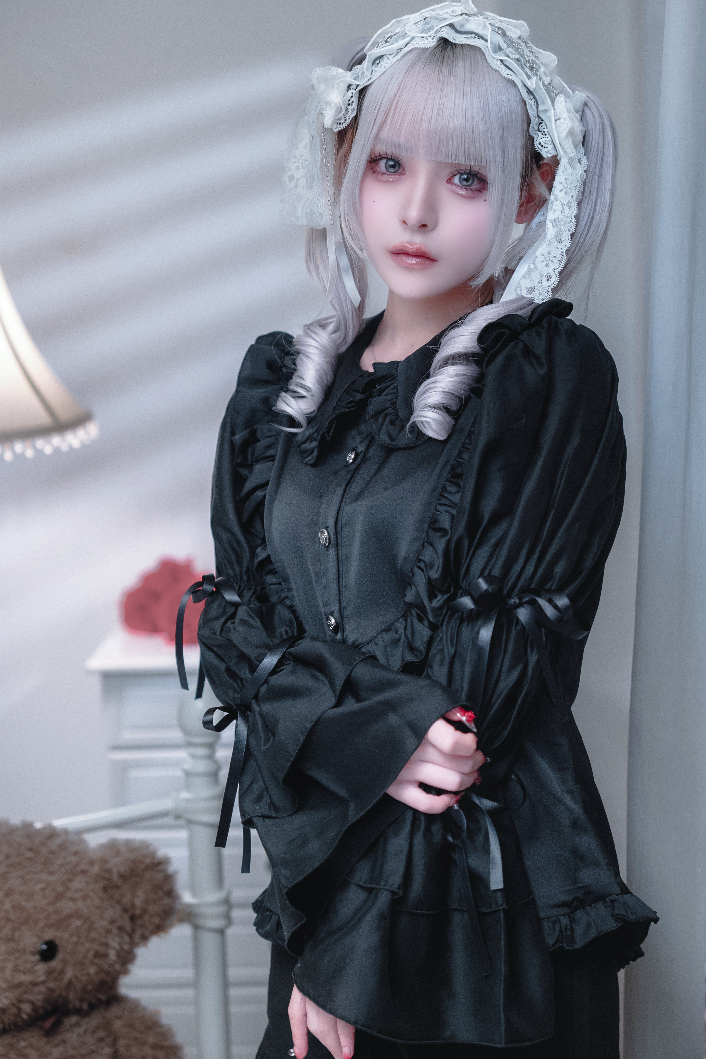 doll chiffon puff blouse black