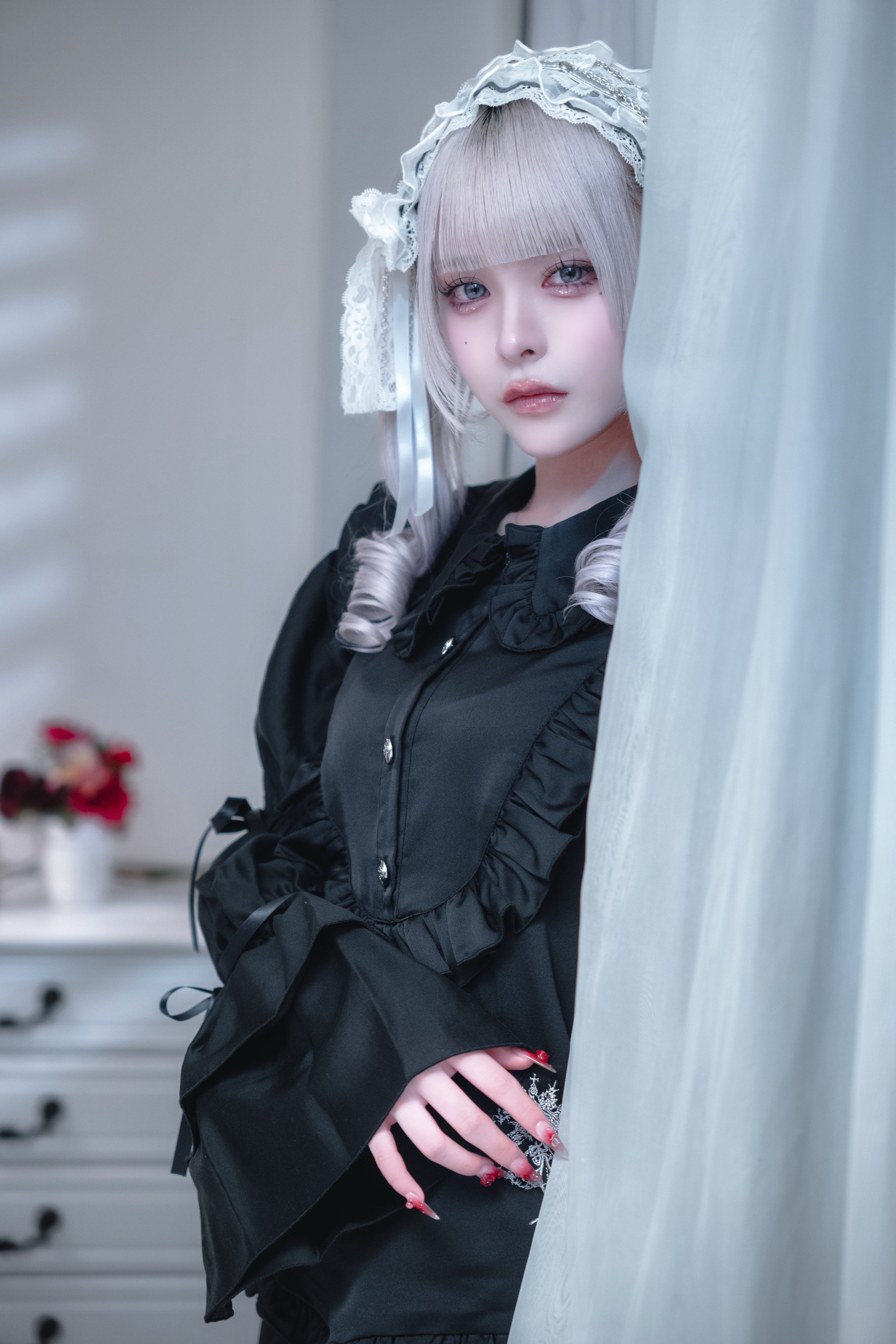 doll chiffon puff blouse black