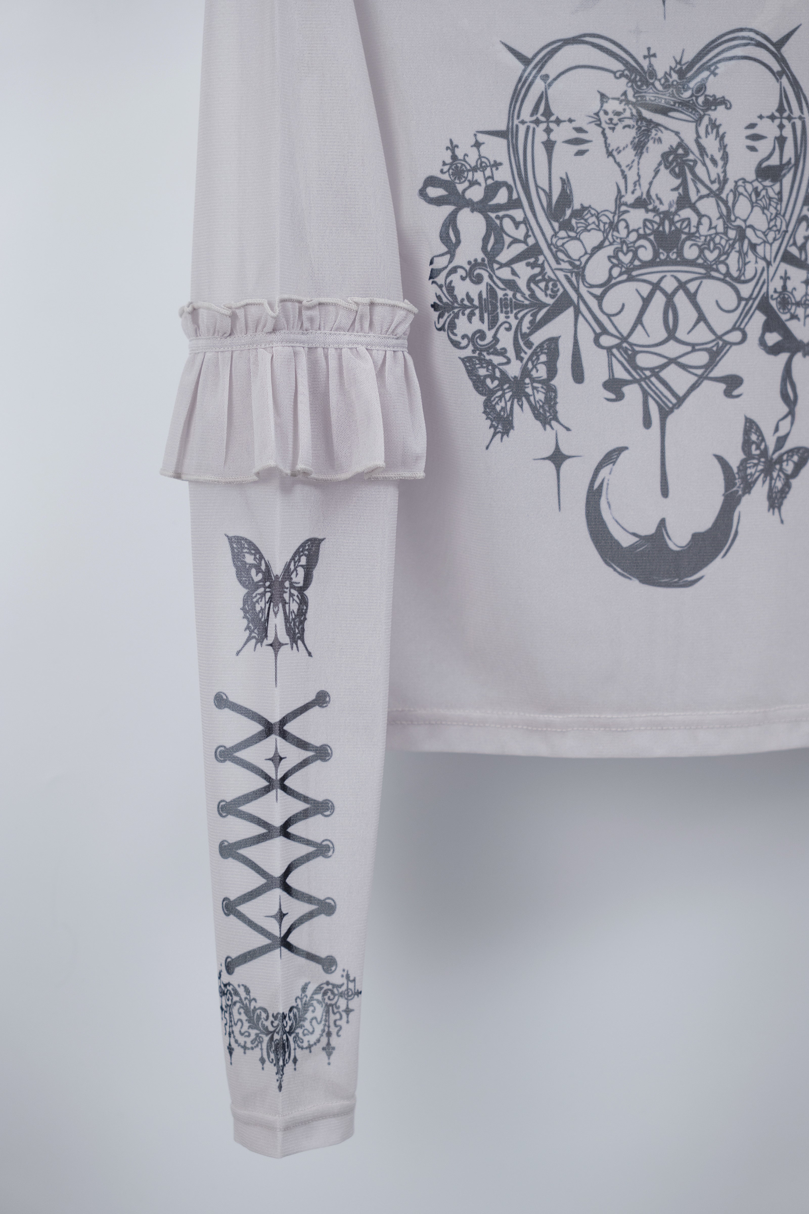 frill tattoo sheer tops gray