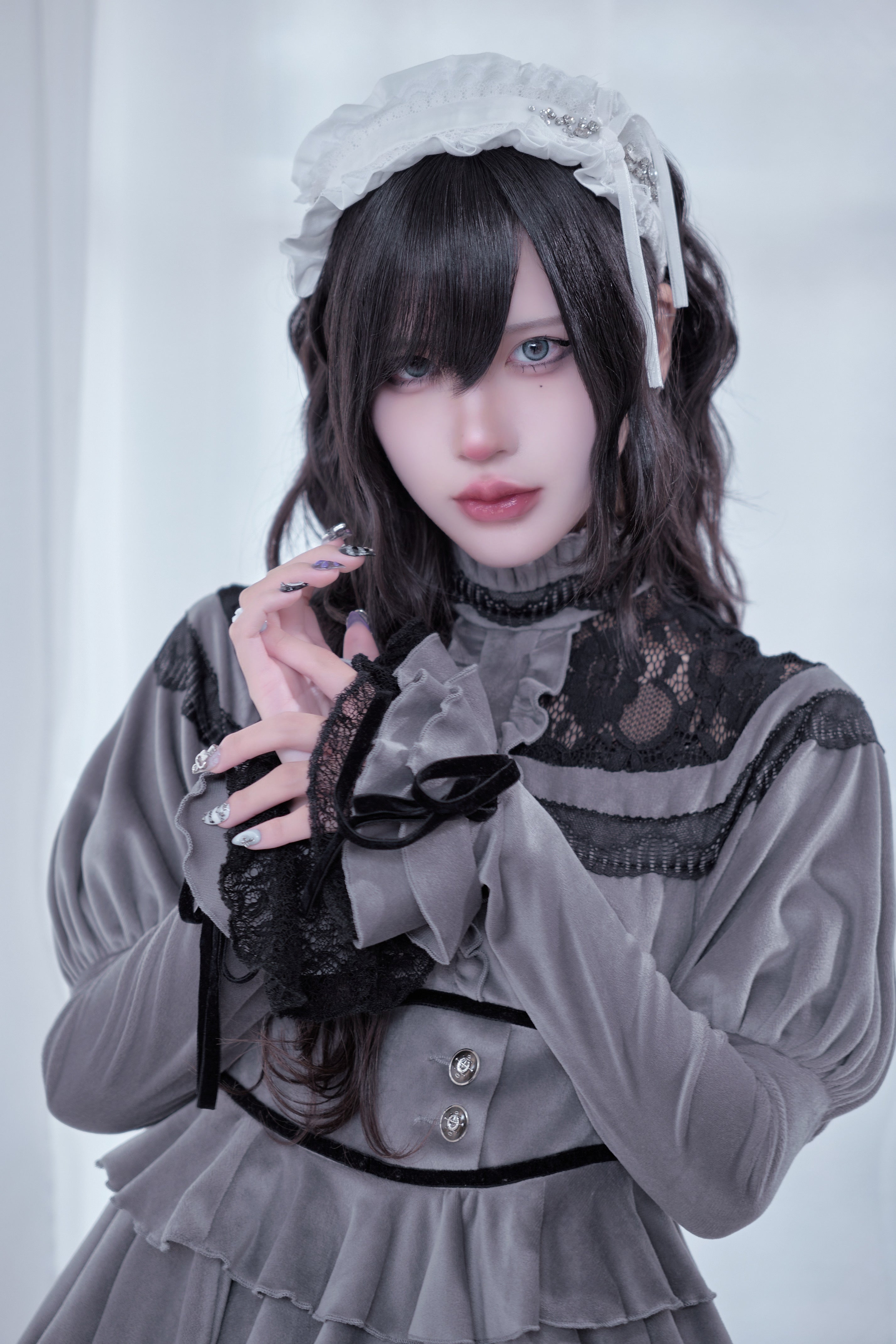 velours puff lace onepiece gray