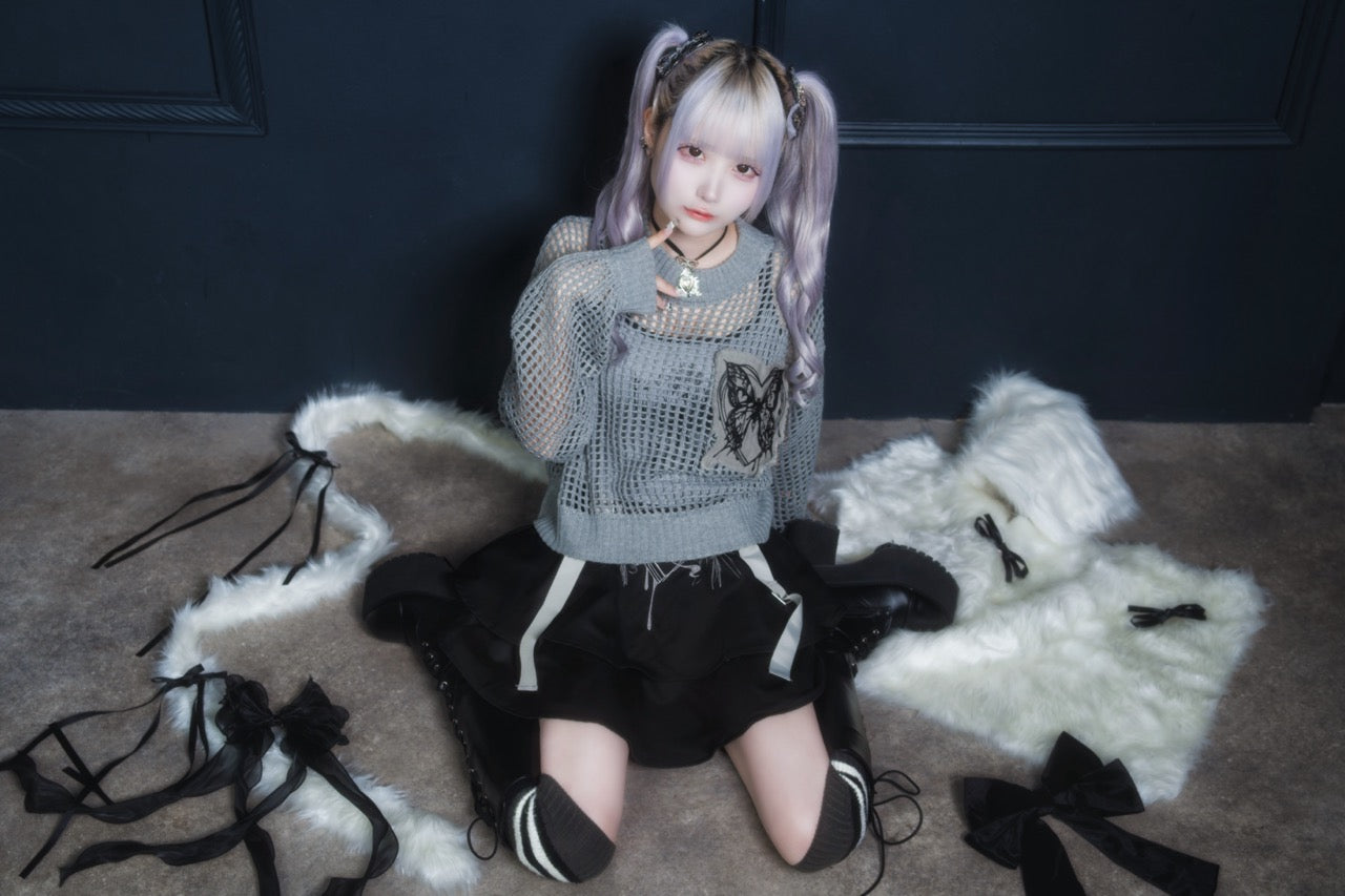 butterfly doll mesh short tops gray