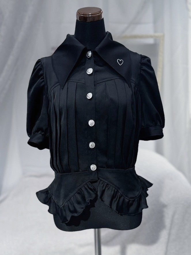 pleats puff blouse black
