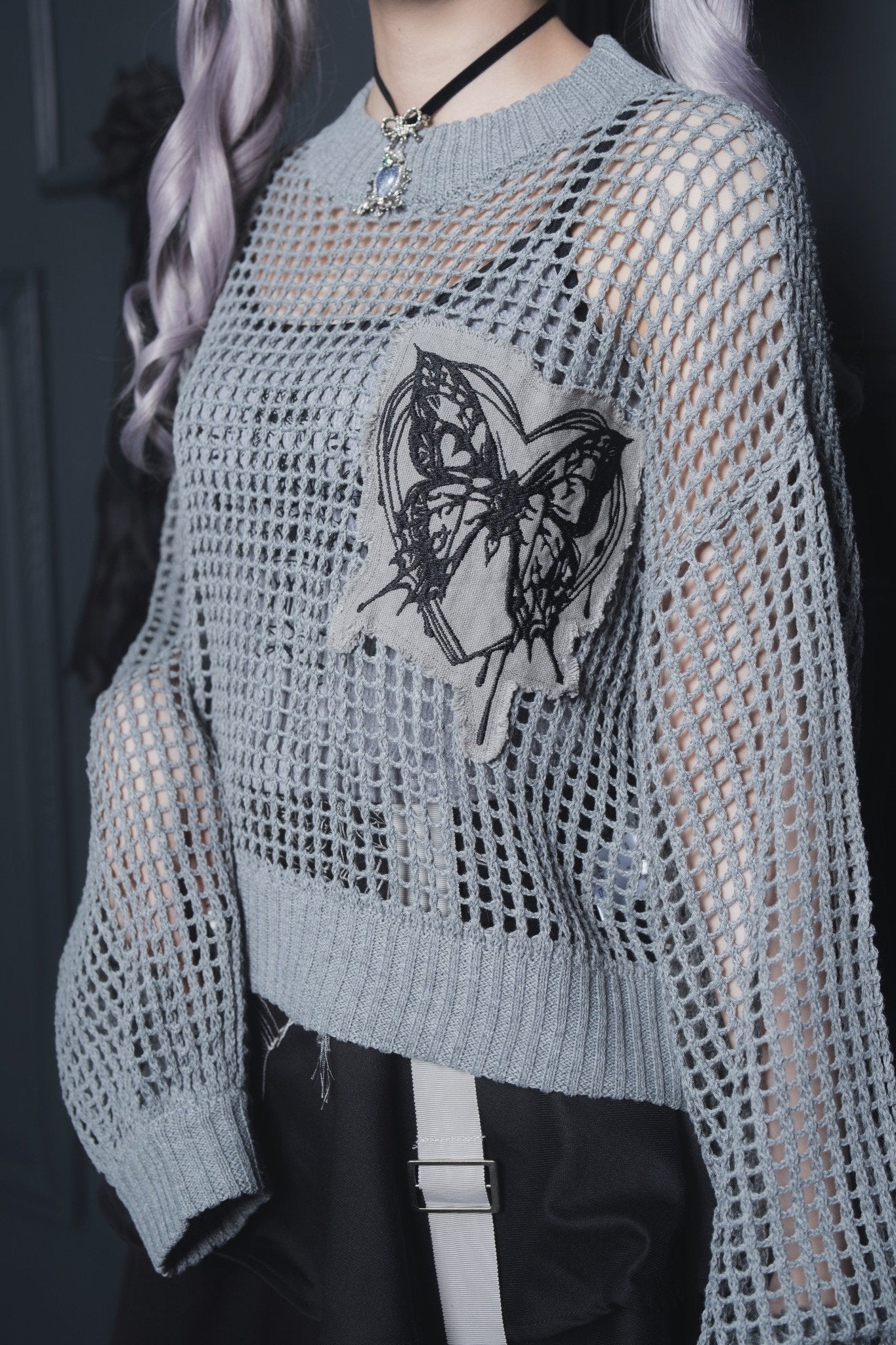 butterfly doll mesh short tops gray