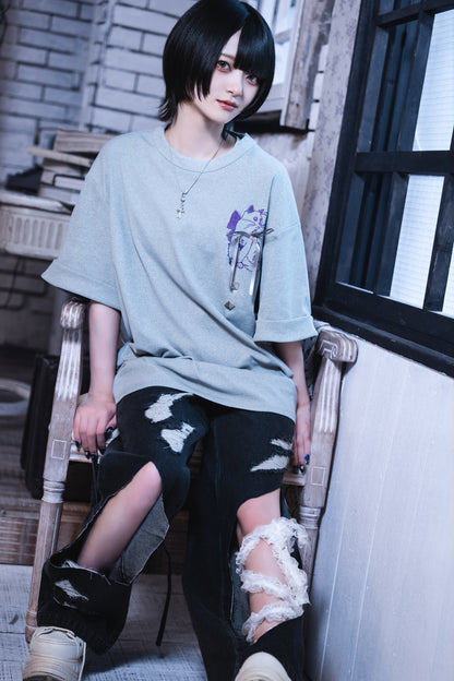 dd cat ribbon Tee gray