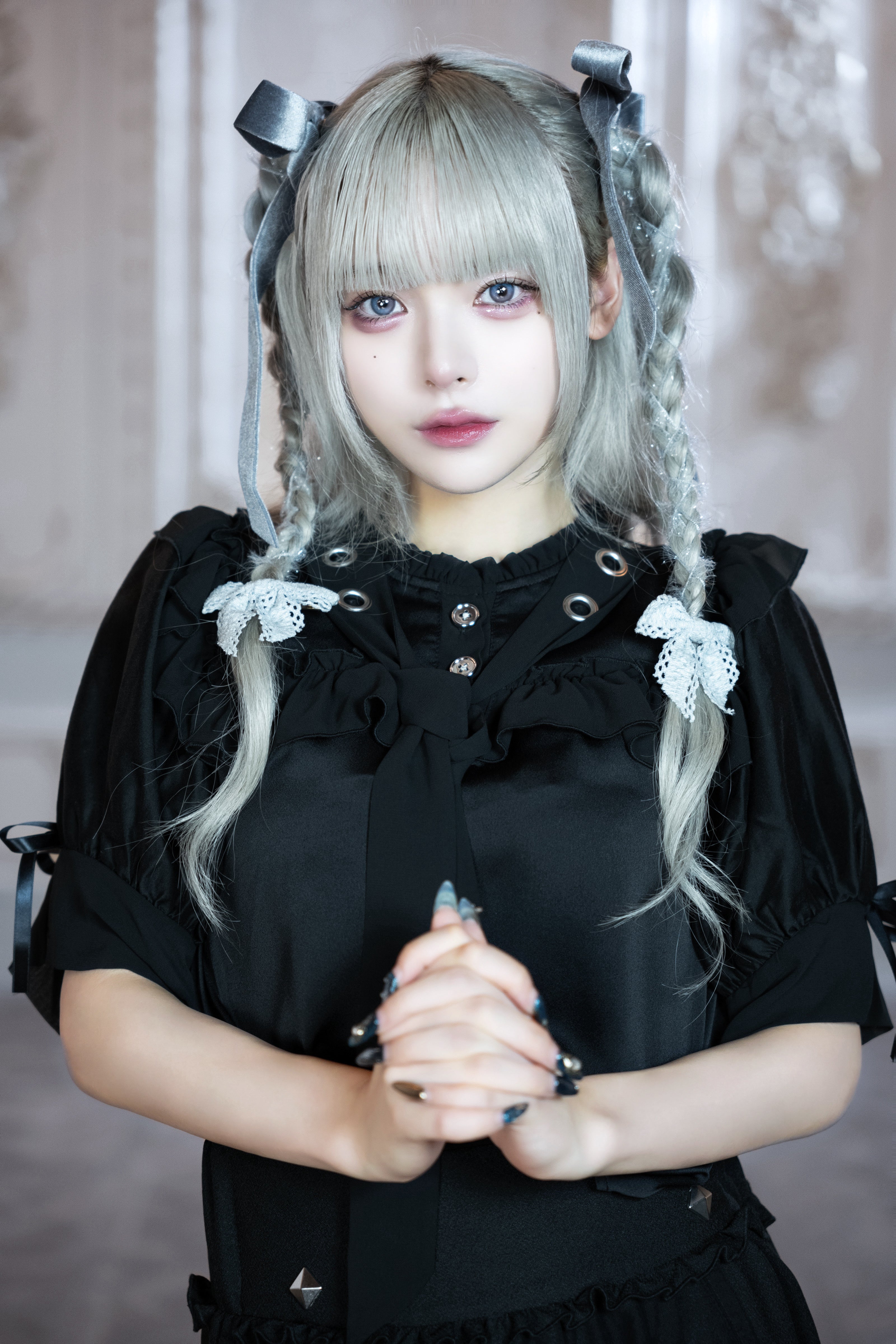 dd sheer frill ribbon blouse black