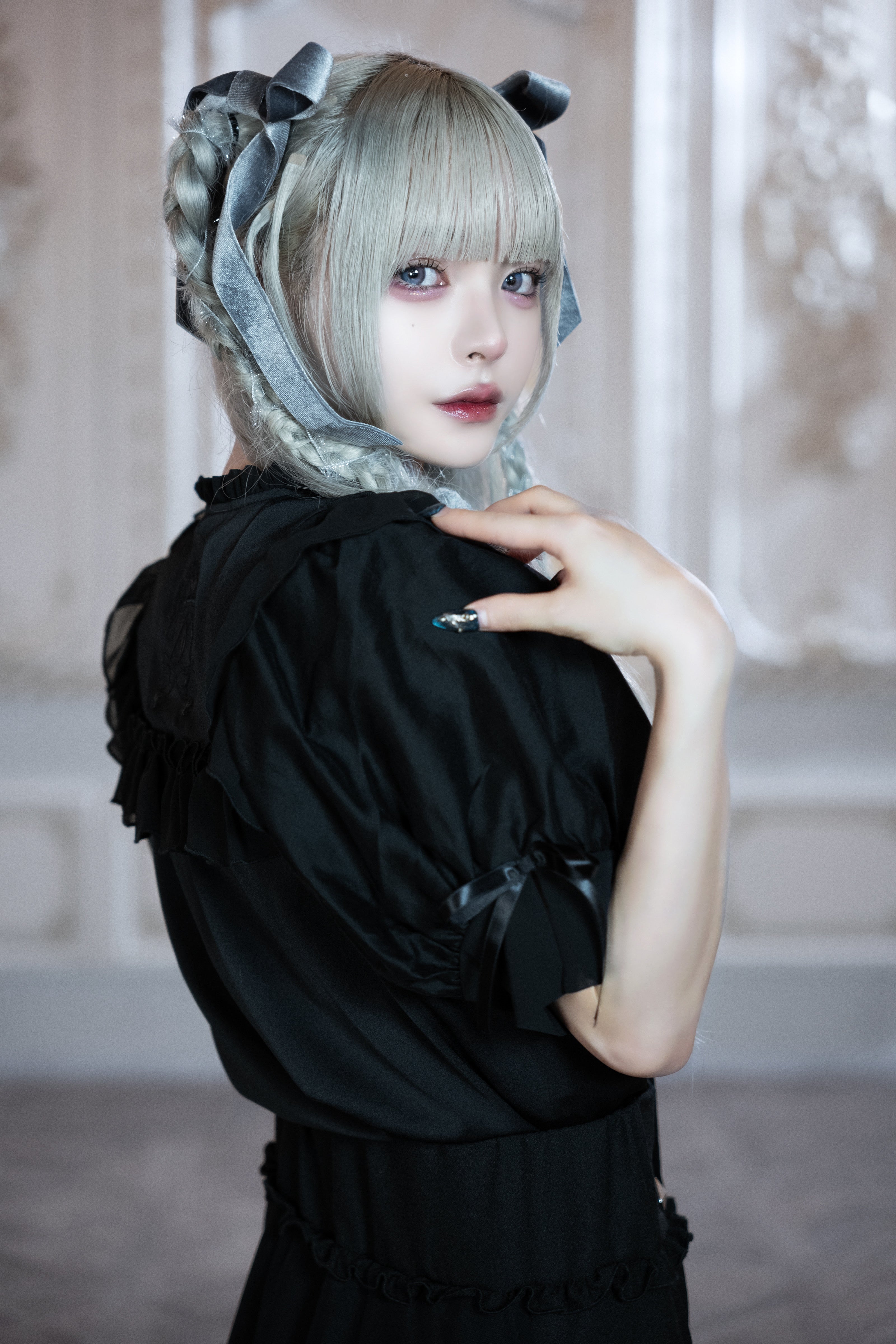 dd sheer frill ribbon blouse black