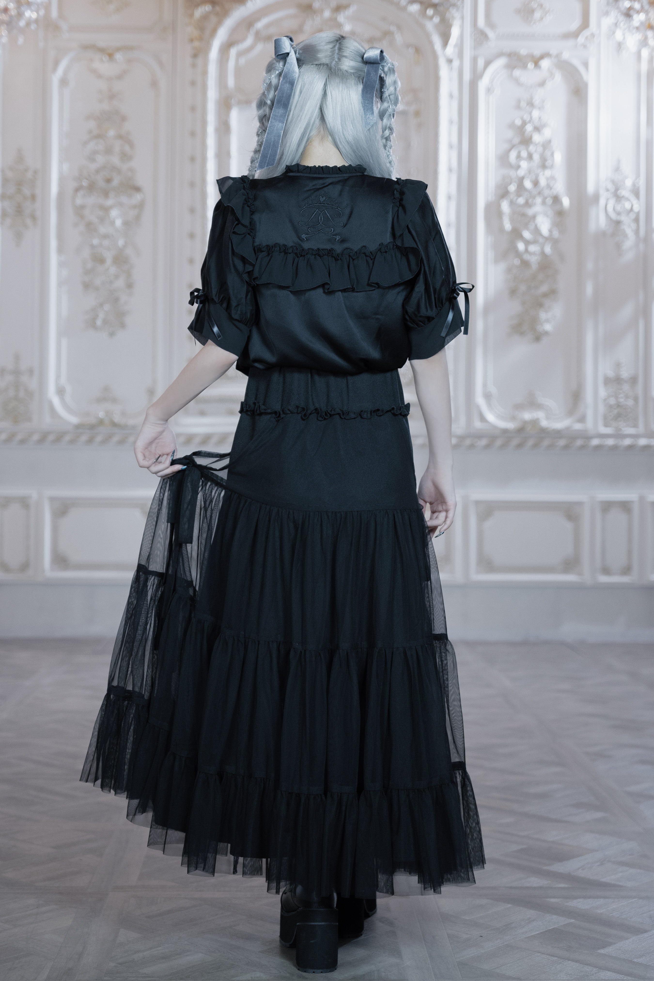 dd sheer frill ribbon blouse black