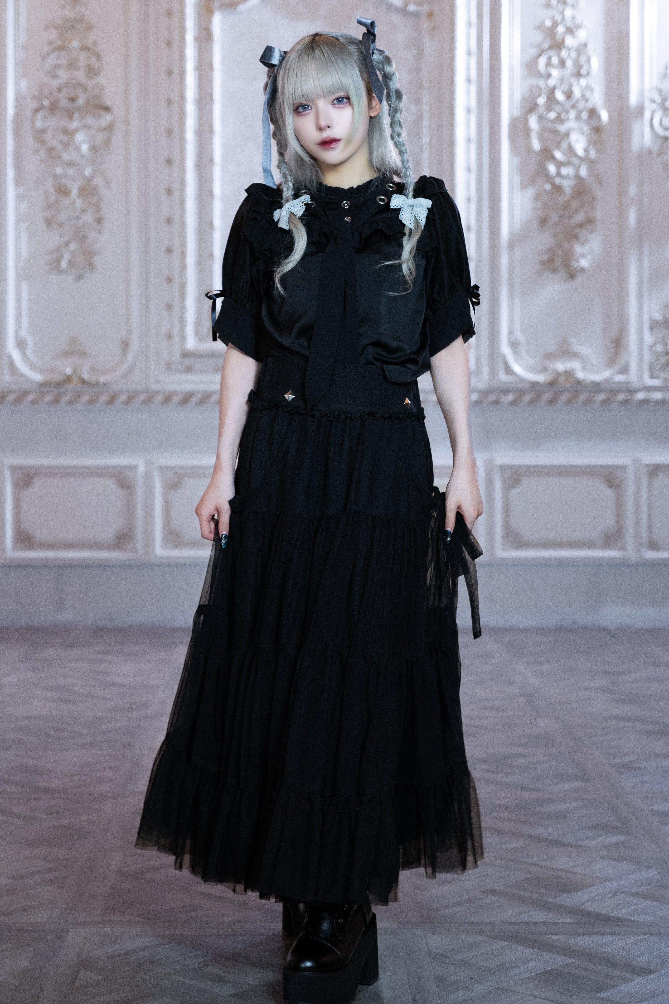 dd sheer frill ribbon blouse black