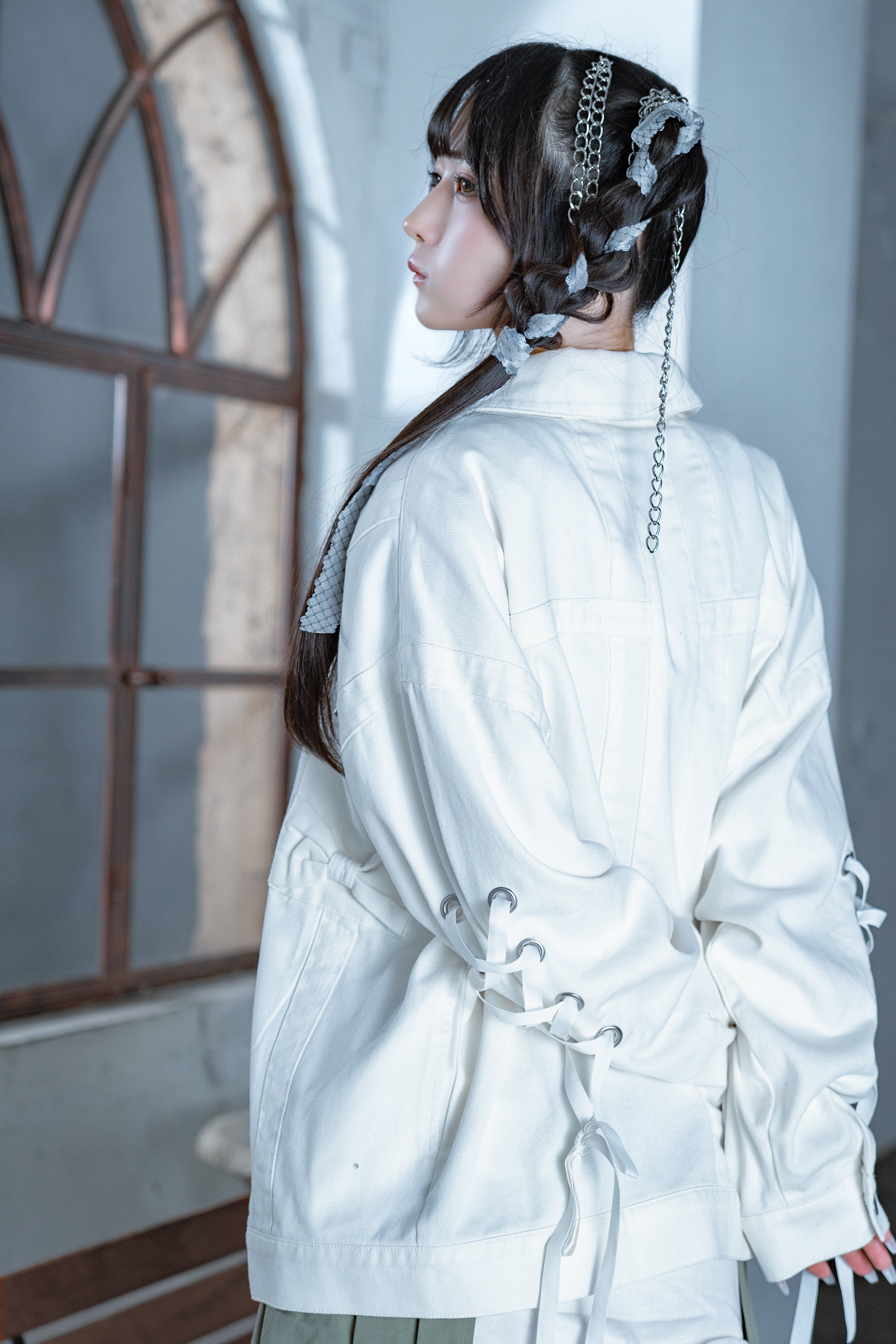 dd denim ribbon jacket white