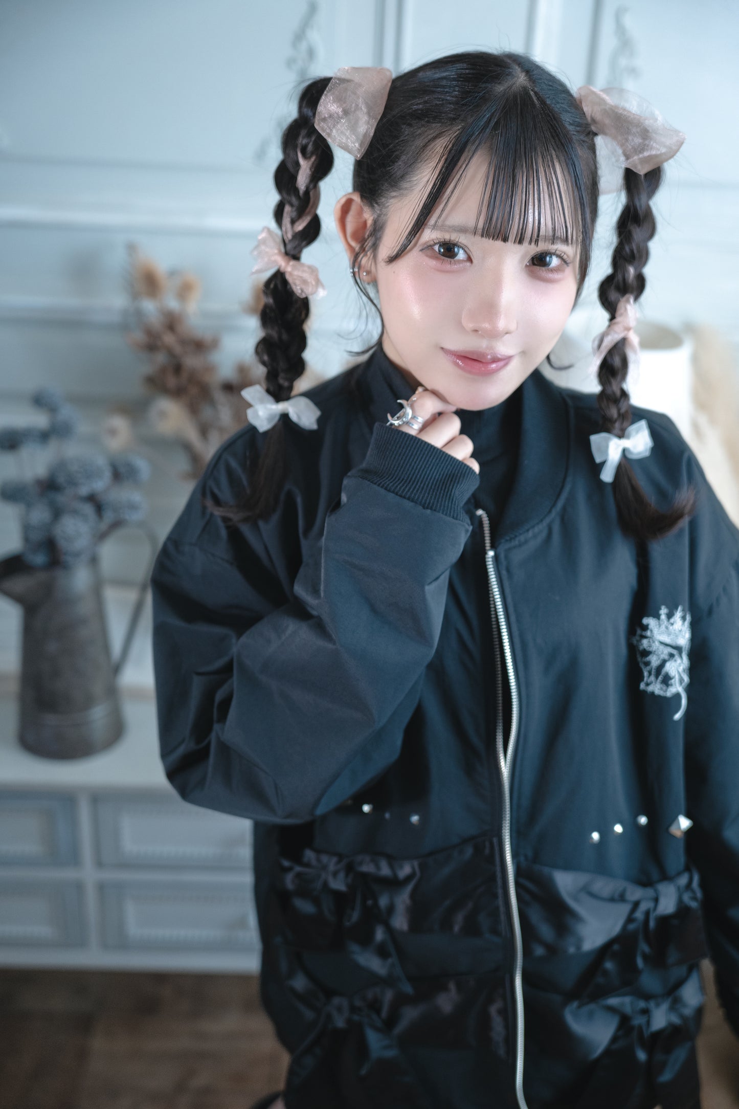 dd double ribbon blouson black