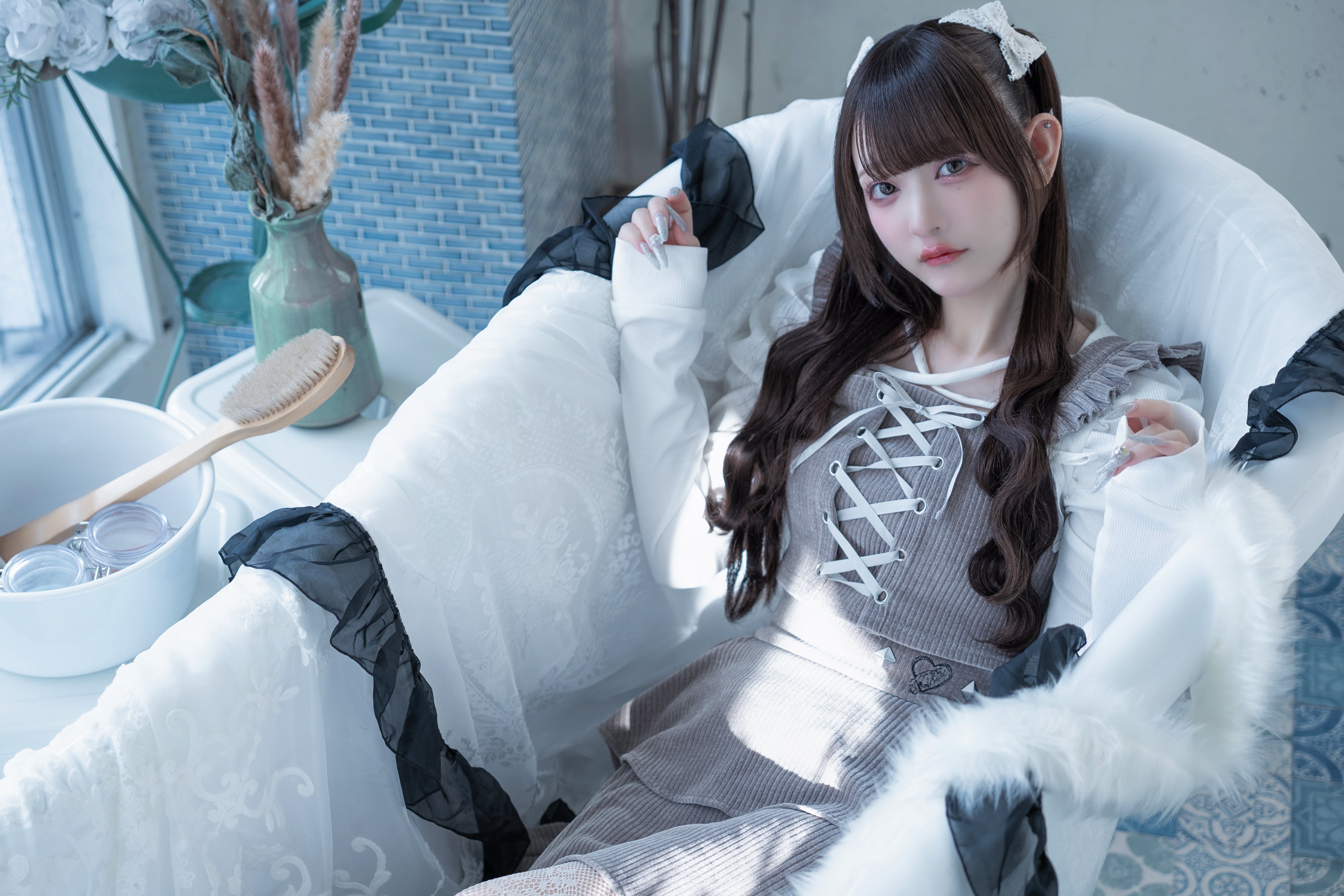 frill knit setup brown