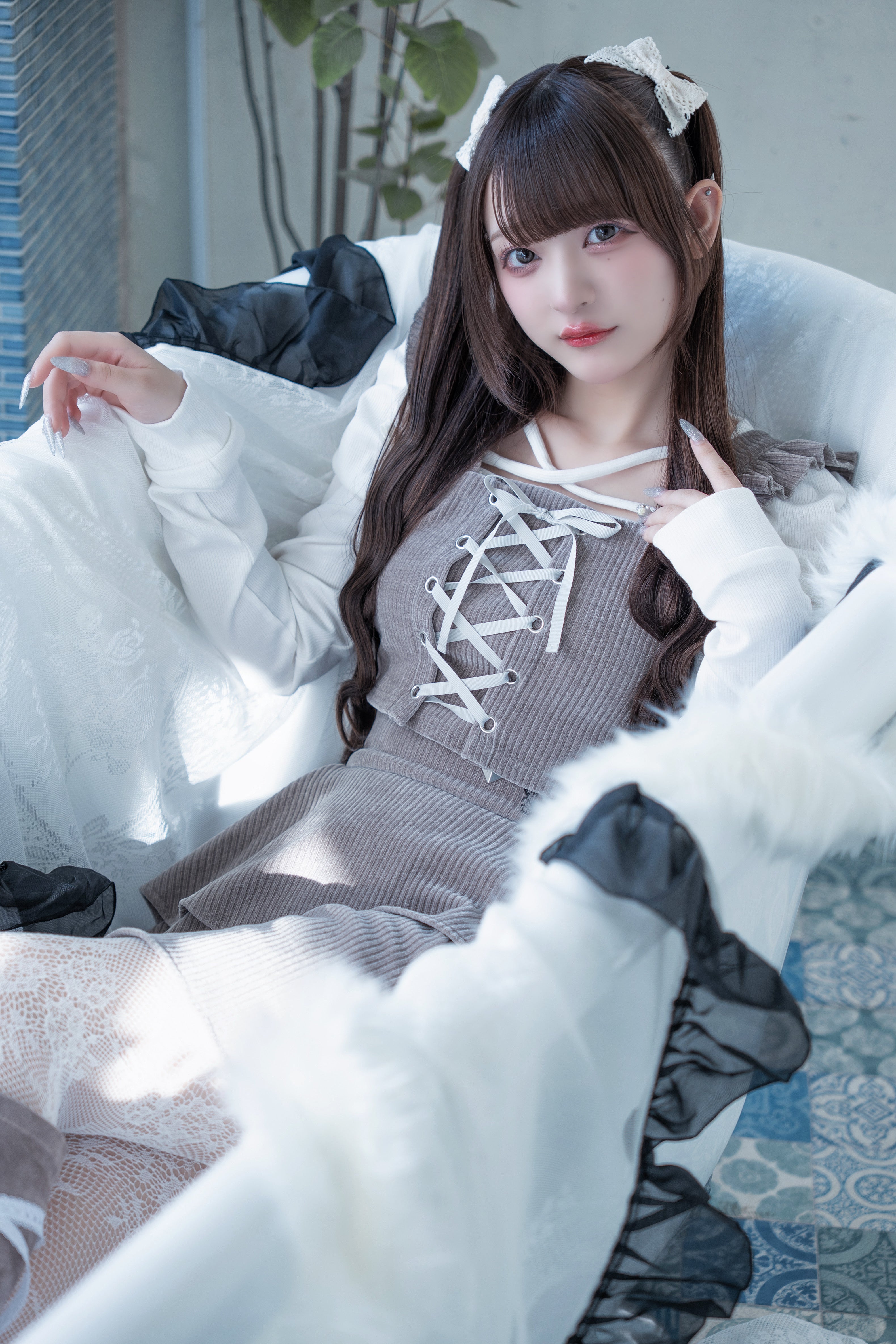 frill knit setup brown
