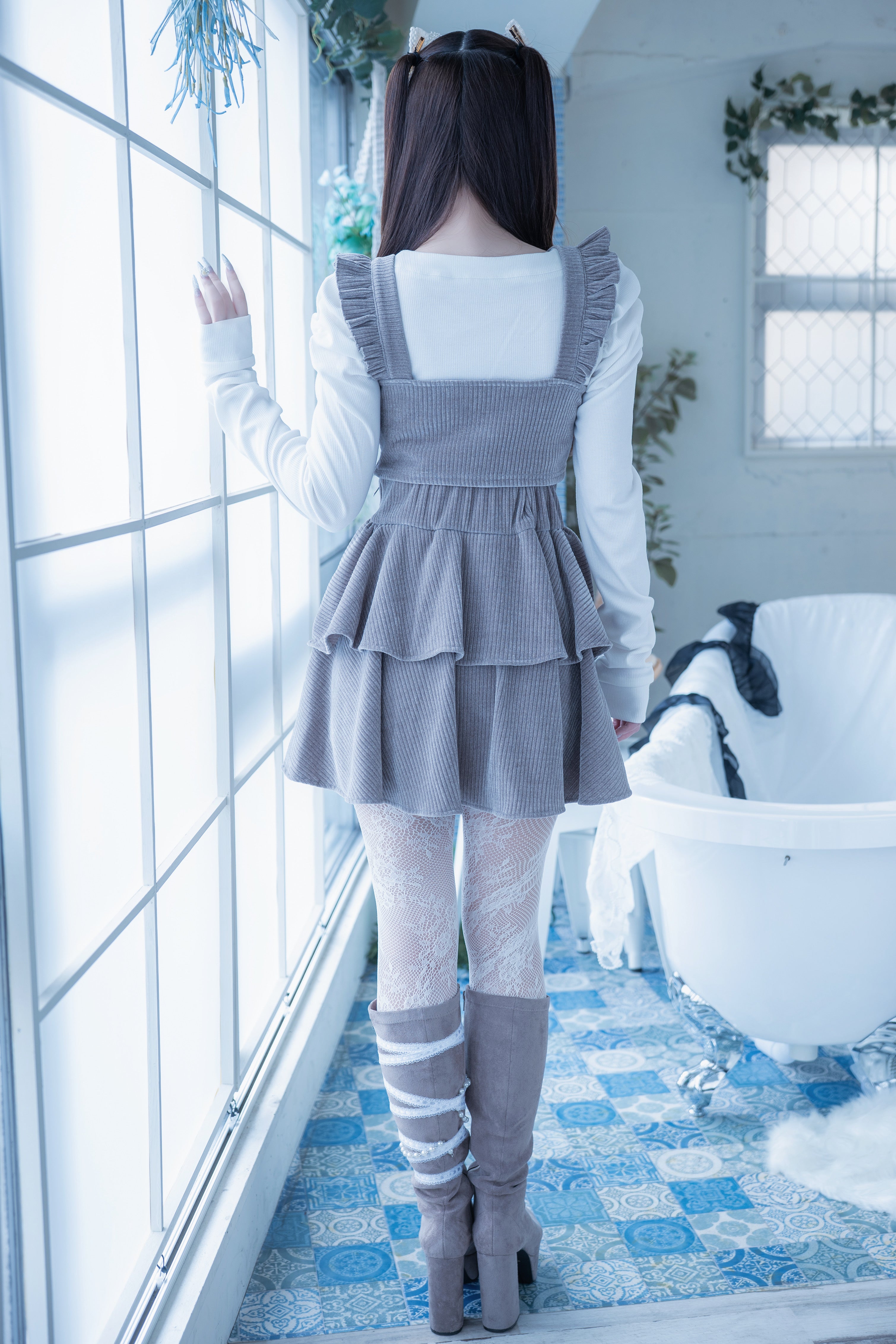 frill knit setup brown