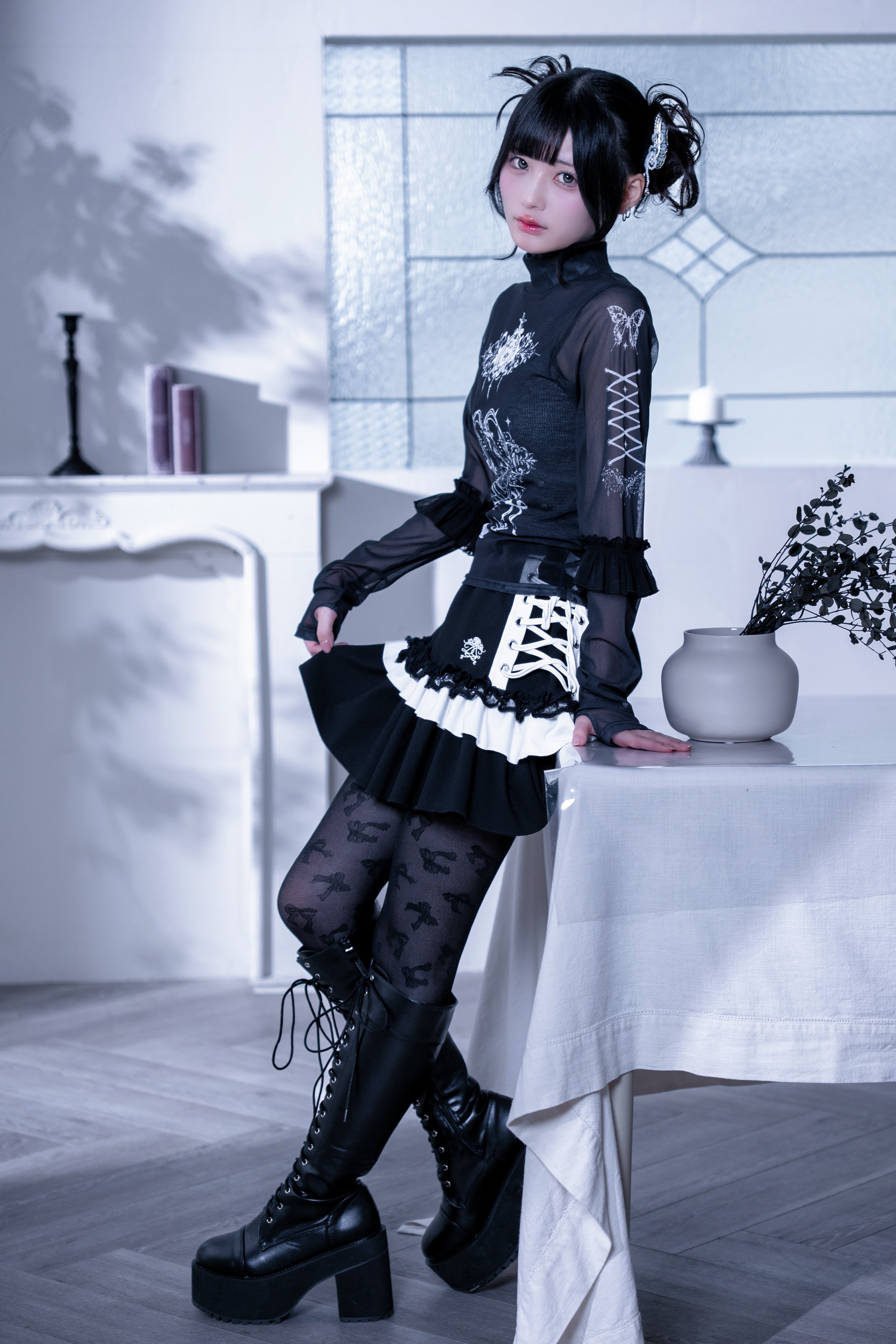 frill tattoo sheer tops black