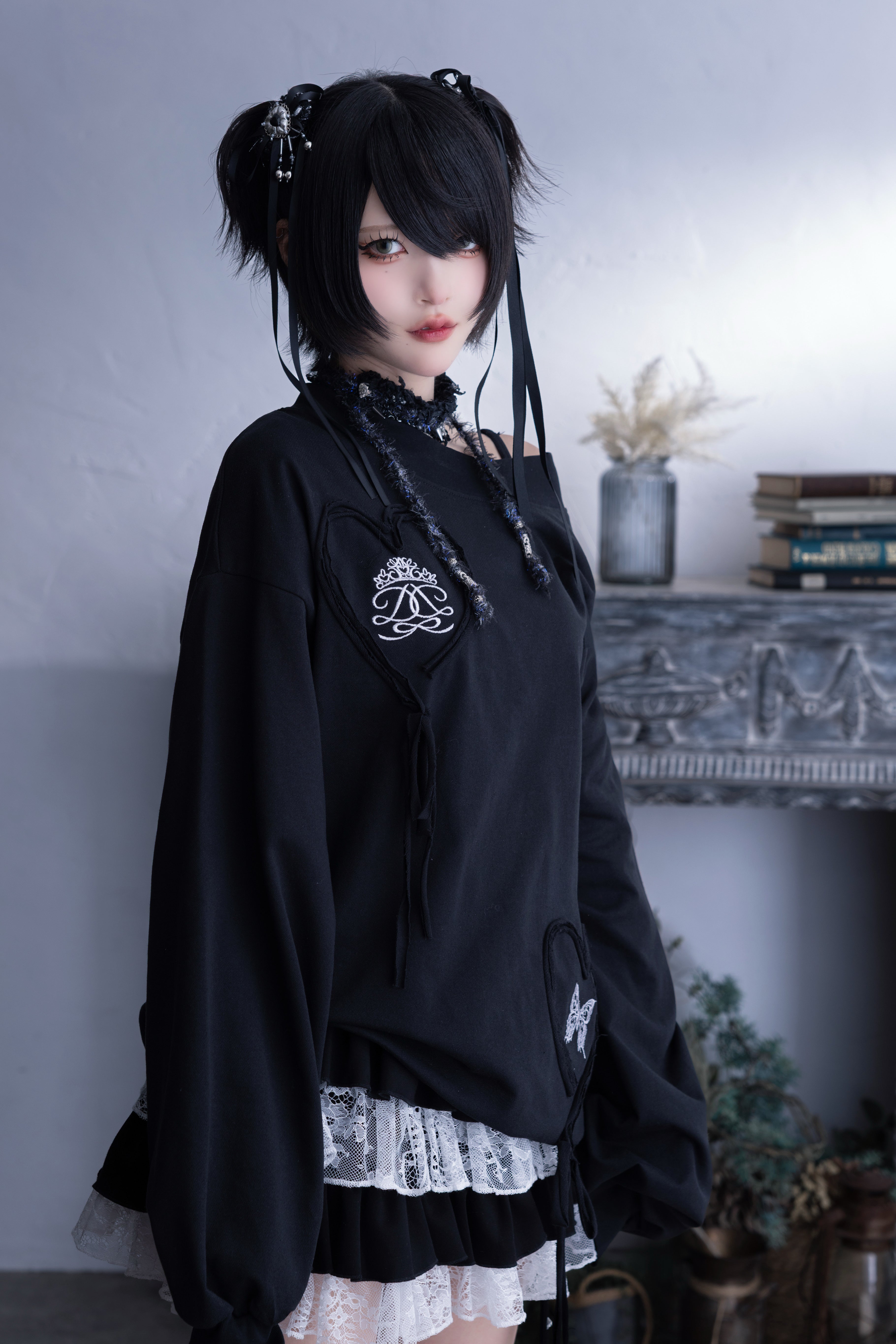 doll heart ribbon sweat black