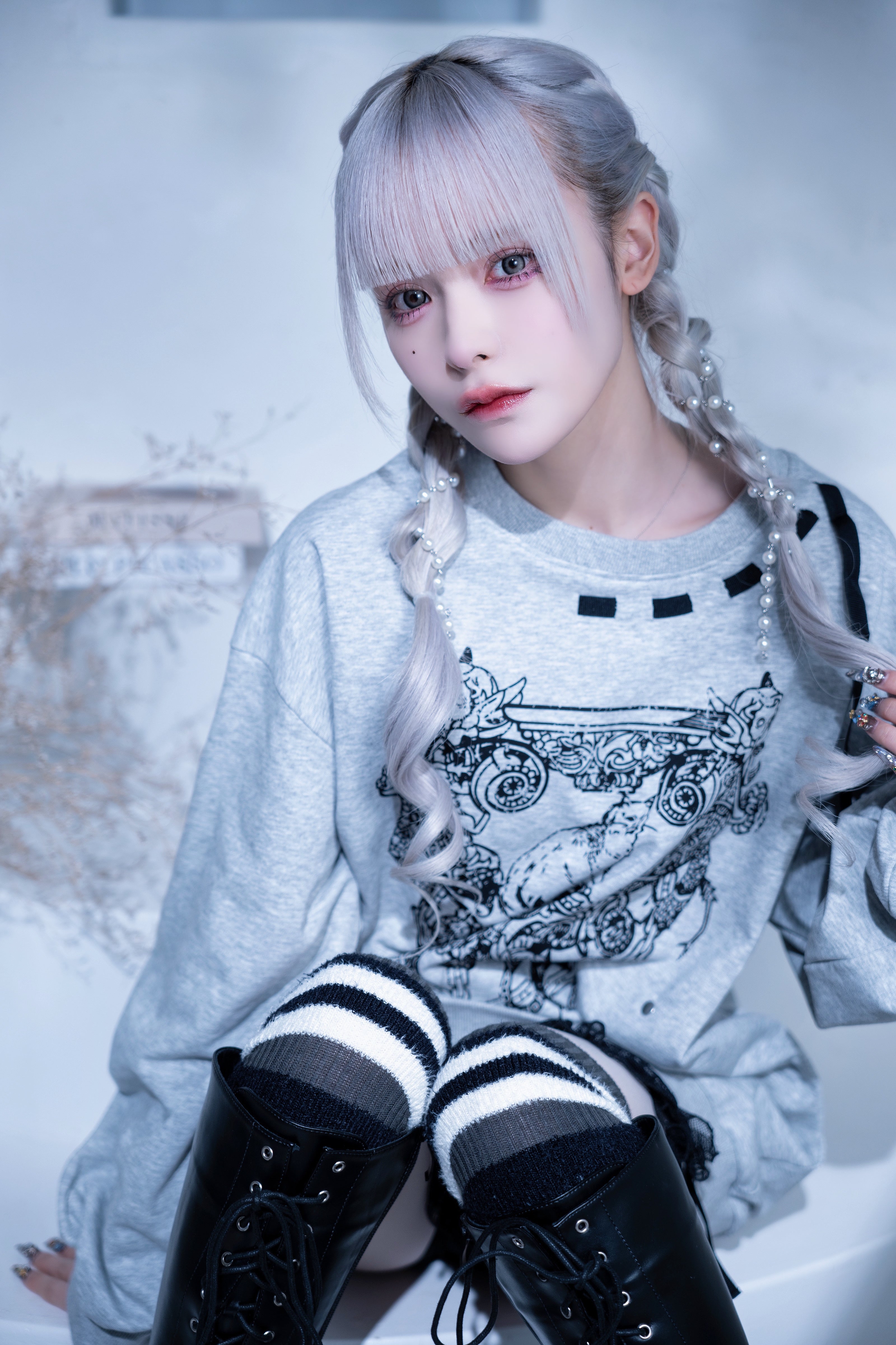 doll cat ribon sweat gray