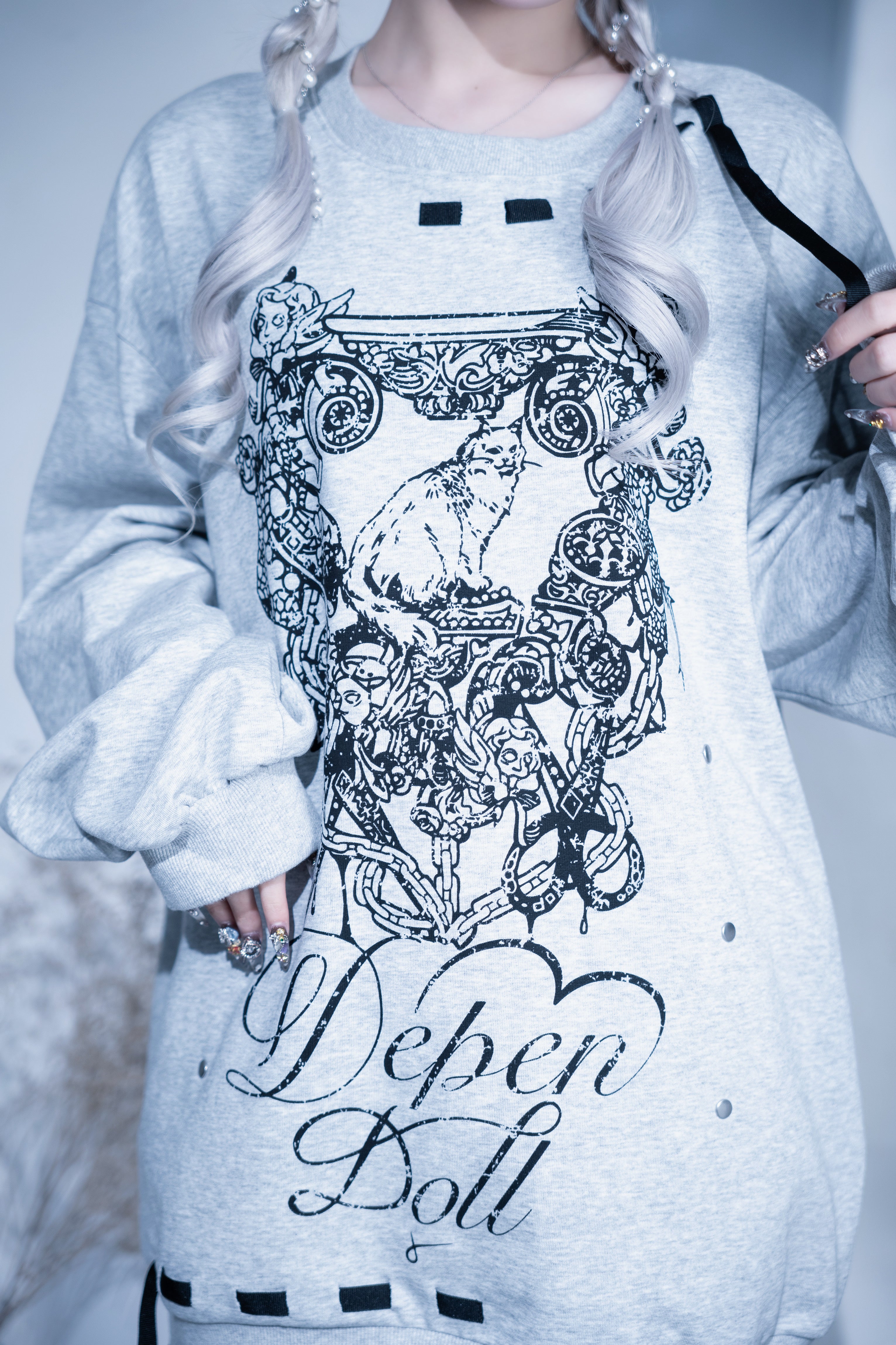 doll cat ribon sweat gray