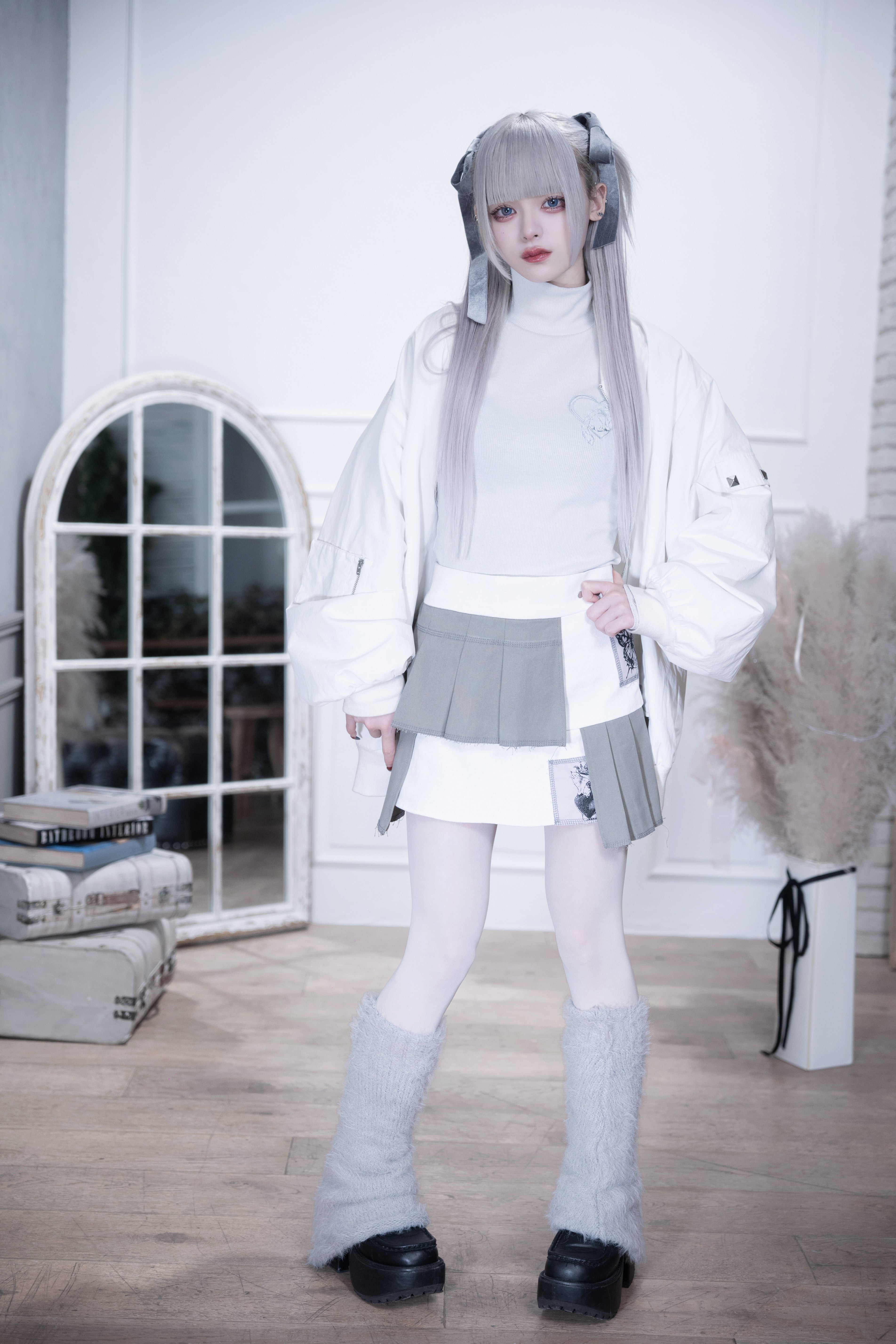 doll pleats patchwork skirt white