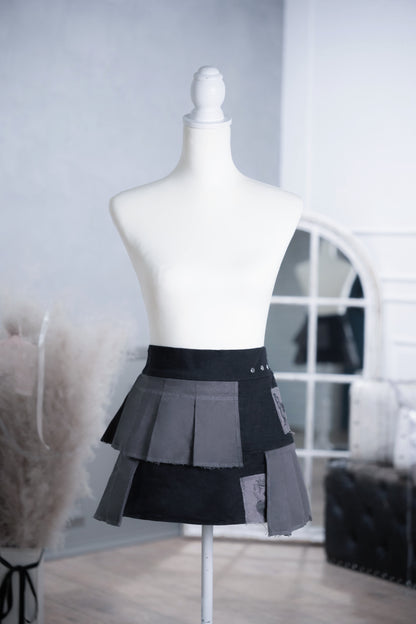 doll pleats patchwork skirt black