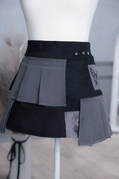 doll pleats patchwork skirt black