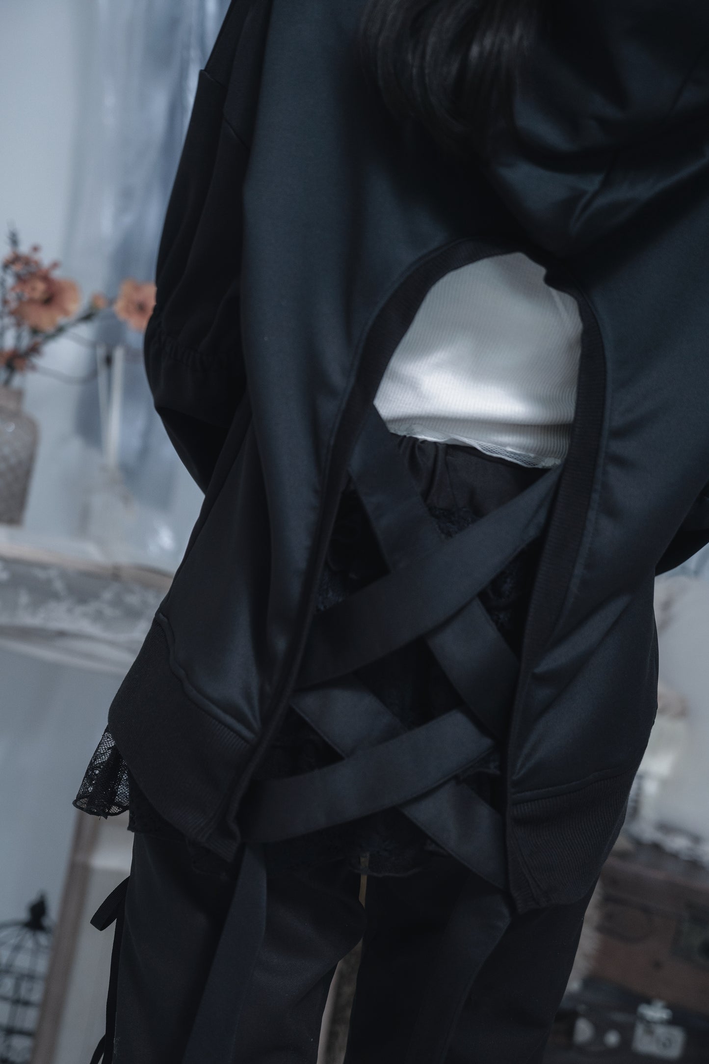 dd back ribon hoodie black