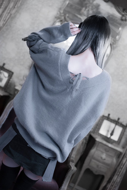 V neck ribbon knit gray