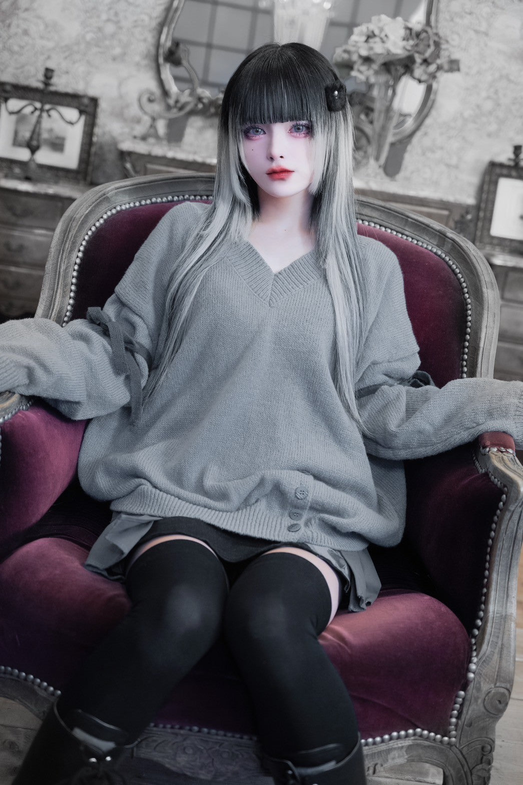 V neck ribbon knit gray