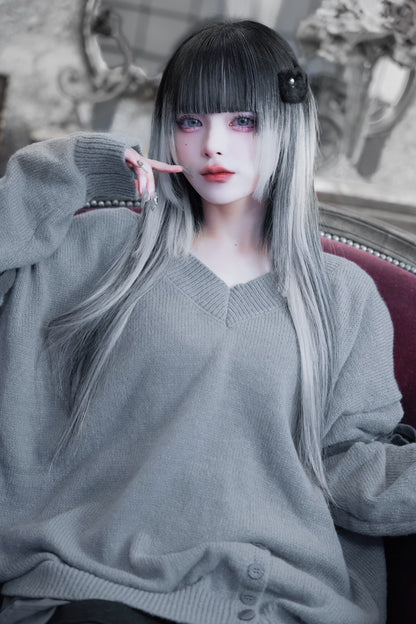 V neck ribbon knit gray