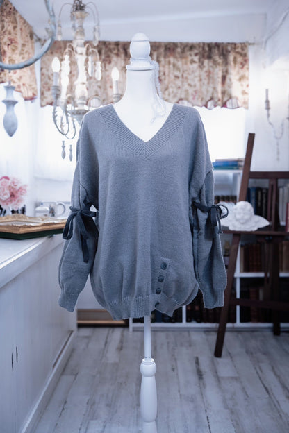 V neck ribbon knit gray